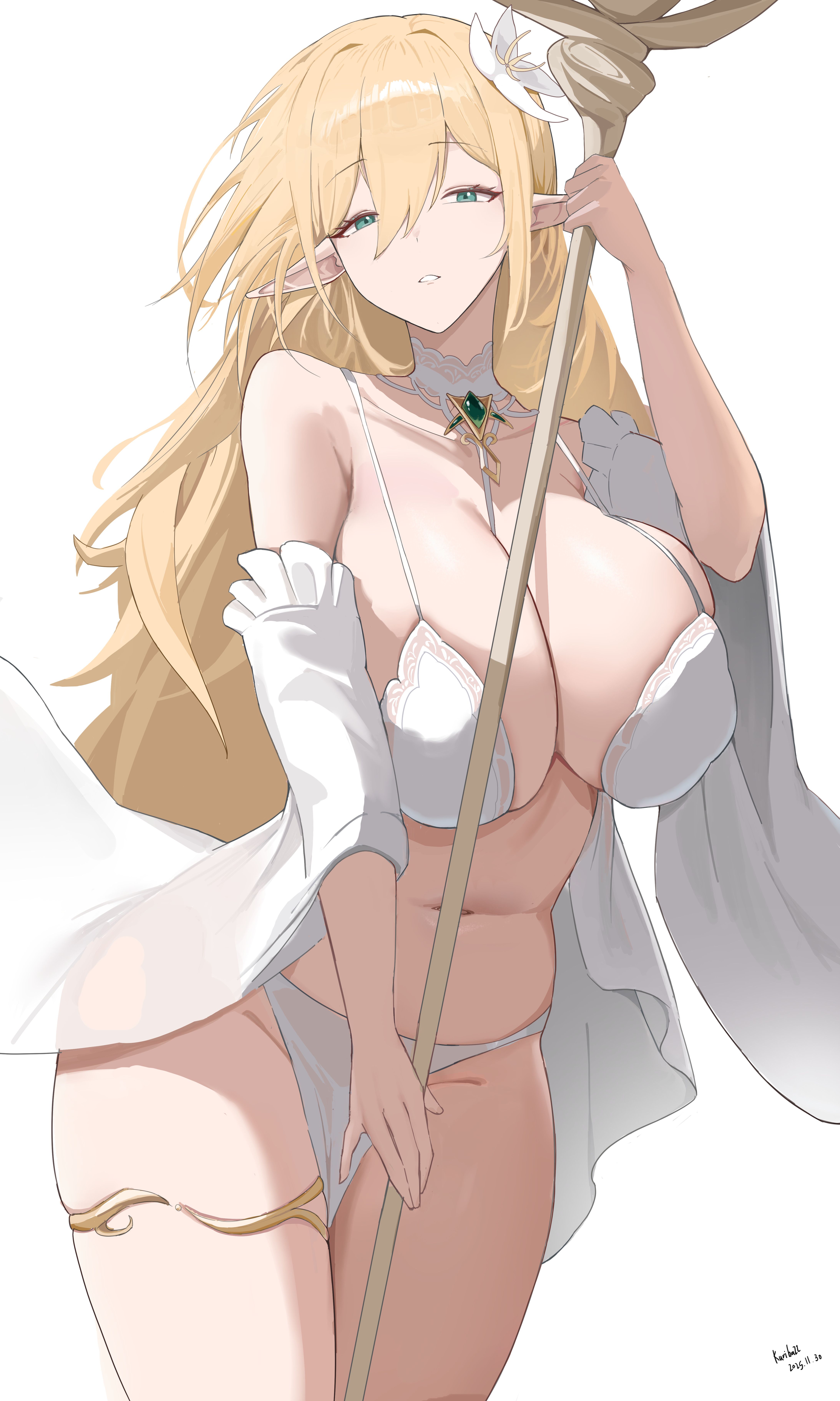 kuriball, original, absurdres, chinese commentary, commentary request, highres, 1girl, artist name, bare shoulders, between thighs, blonde hair, bra, breasts, cleavage, collarbone, dated, detached sleeves, elf, floating hair, flower, gem, gold thighlet, green eyes, green gem, groin, hair between eyes, hair flower, hair ornament, head tilt, holding, holding staff, holding weapon, huge breasts, jewelry, long hair, looking at viewer, navel, no panties, parted lips, pelvic curtain, pointy ears, revealing clothes, sideboob, simple background, solo, staff, standing, stomach, thighlet, thighs, underwear, very long hair, weapon, white background, white bra, white flower, wide sleeves