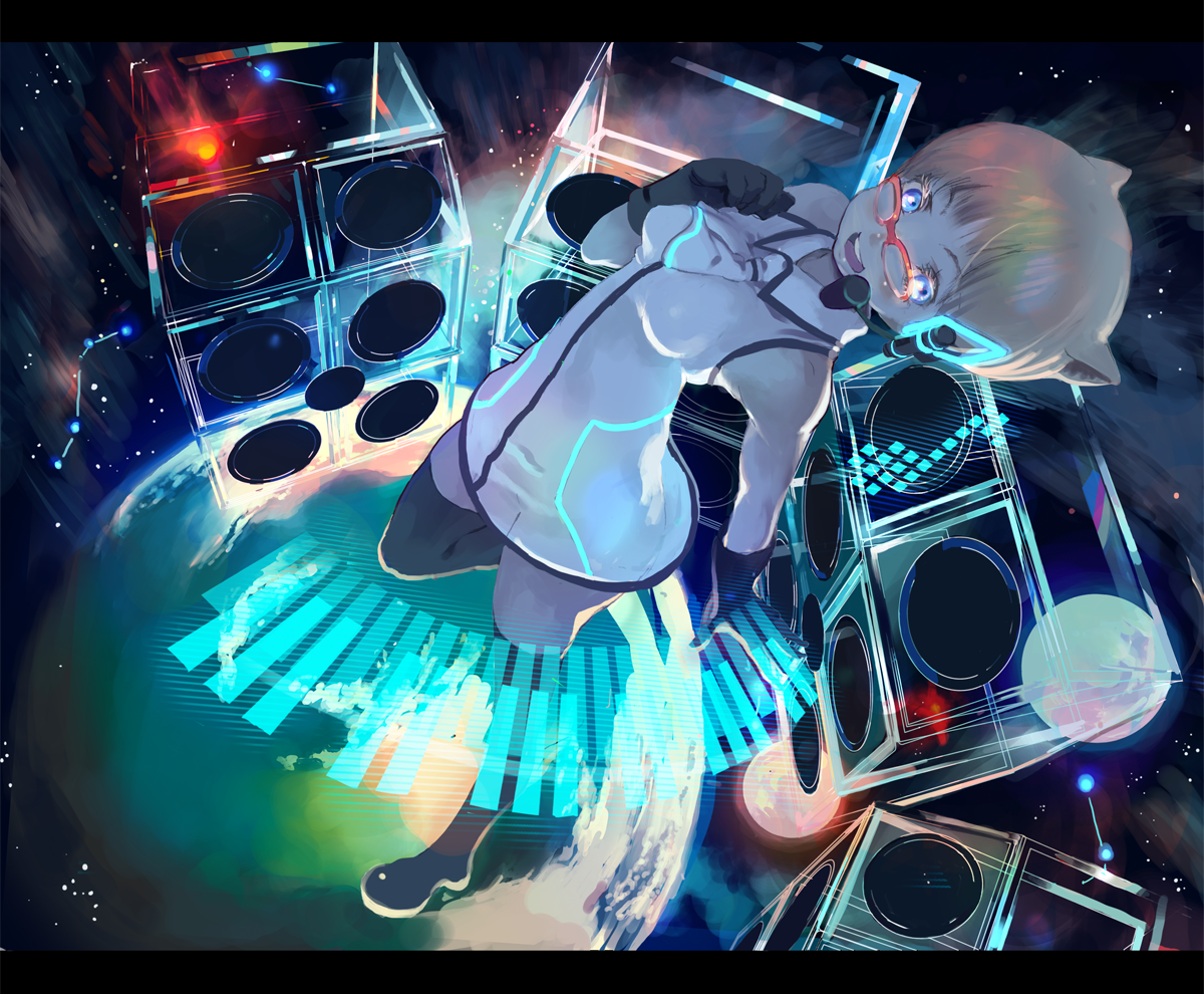 kacchuu, original, bad id, bad pixiv id, 1girl, animal ears, blonde hair, blue eyes, boots, cat ears, cat girl, dress, female focus, glasses, gloves, headset, necktie, short hair, solo, speaker, thigh boots, thighhighs, zettai ryouiki