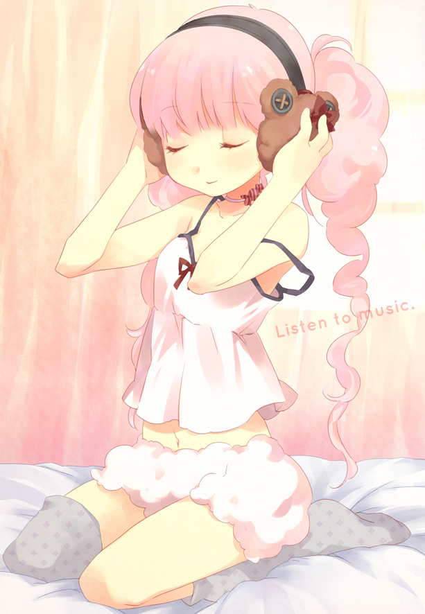 ech, original, bed, bloomers, camisole, choker, closed eyes, english text, flat chest, headphones, kneehighs, long hair, navel, pink hair, single kneehigh, single sock, single thighhigh, socks, solo, strap slip, thighhighs, twintails, underwear