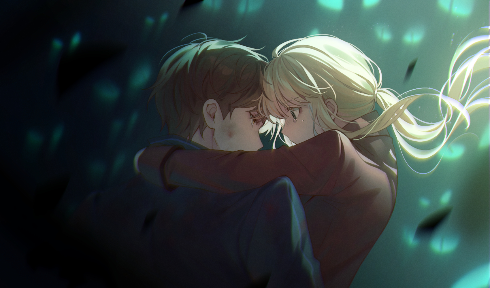 lella nyam, ushiromiya lion, willard h. wright, requiem of the golden witch, umineko no naku koro ni, commentary request, highres, 1boy, 1other, blonde hair, blurry, blurry background, carrying, carrying person, cat, eye contact, long hair, looking at another, slit pupils, tears