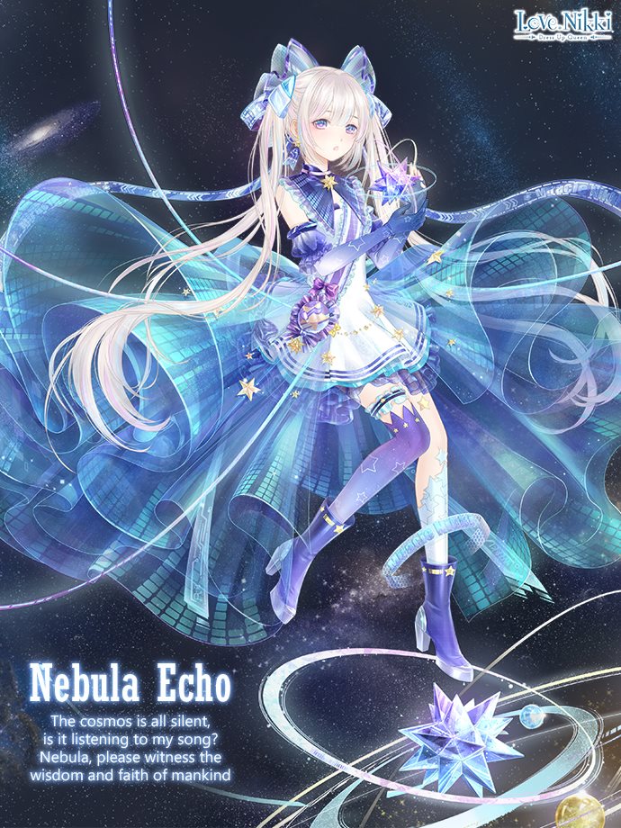 nebula echo (miracle nikki), miracle nikki, nikki (series), artist request, official art, third-party source, 1girl, :o, bare shoulders, blonde hair, blue bow, blue eyes, blue skirt, boots, bow, brooch, character name, collar, copyright logo, detached collar, detached sleeves, dress, earrings, elbow gloves, english text, floating, floating clothes, floating hair, full body, gloves, hair between eyes, hair bow, hexagram, high heel boots, high heels, jewelry, large bow, light particles, logo, long hair, long skirt, looking at viewer, multiple girls, object floating above hand, open mouth, own hands together, planetary ring, pleated dress, pleated skirt, print skirt, puffy short sleeves, puffy sleeves, purple bow, purple collar, purple gloves, purple sleeves, purple thighhighs, science fiction, see-through bow, see-through clothes, see-through skirt, short dress, short sleeves, showgirl skirt, single ankle cuff, single thighhigh, skirt, sleeveless, sleeveless dress, solo, space, star (symbol), star brooch, star earrings, thigh strap, thighhighs, twintails, very long hair, wavy hair, white dress