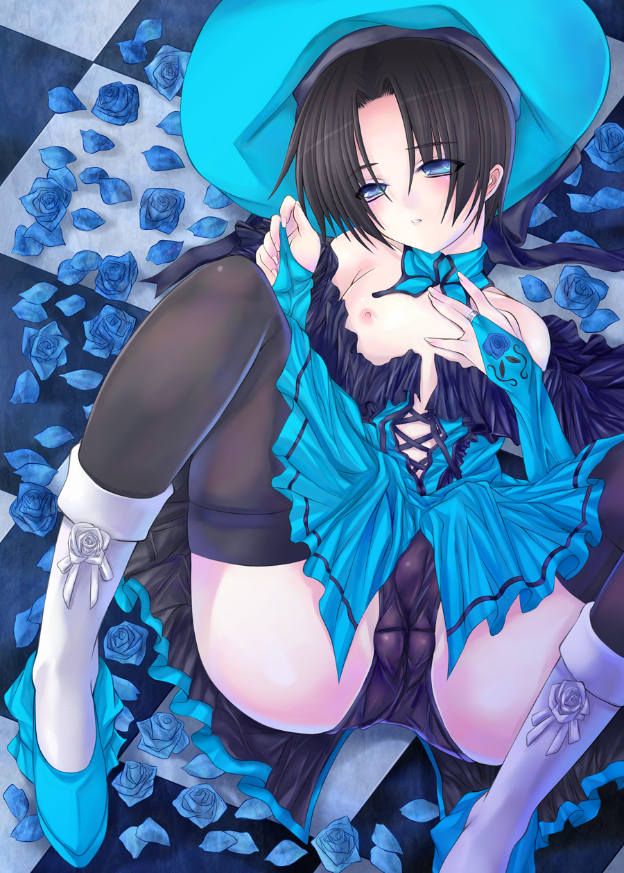 enno rei (masochist high), original, bad id, bad pixiv id, highres, 1boy, black hair, blue eyes, blue flower, blue rose, boots, bridal gauntlets, bulge, crossdressing, crossdressing (mtf), dress, flower, male focus, nipples, panties, pillow, rose, solo, spread legs, thighhighs, trap, underwear