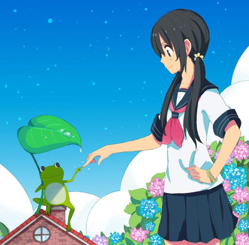 kosa k, original, bad id, bad pixiv id, black eyes, black hair, bracelet, brown hair, flower, frog, house, hydrangea, jewelry, leaf, leaf umbrella, long hair, rain, school uniform, serafuku, skirt, solo, twintails