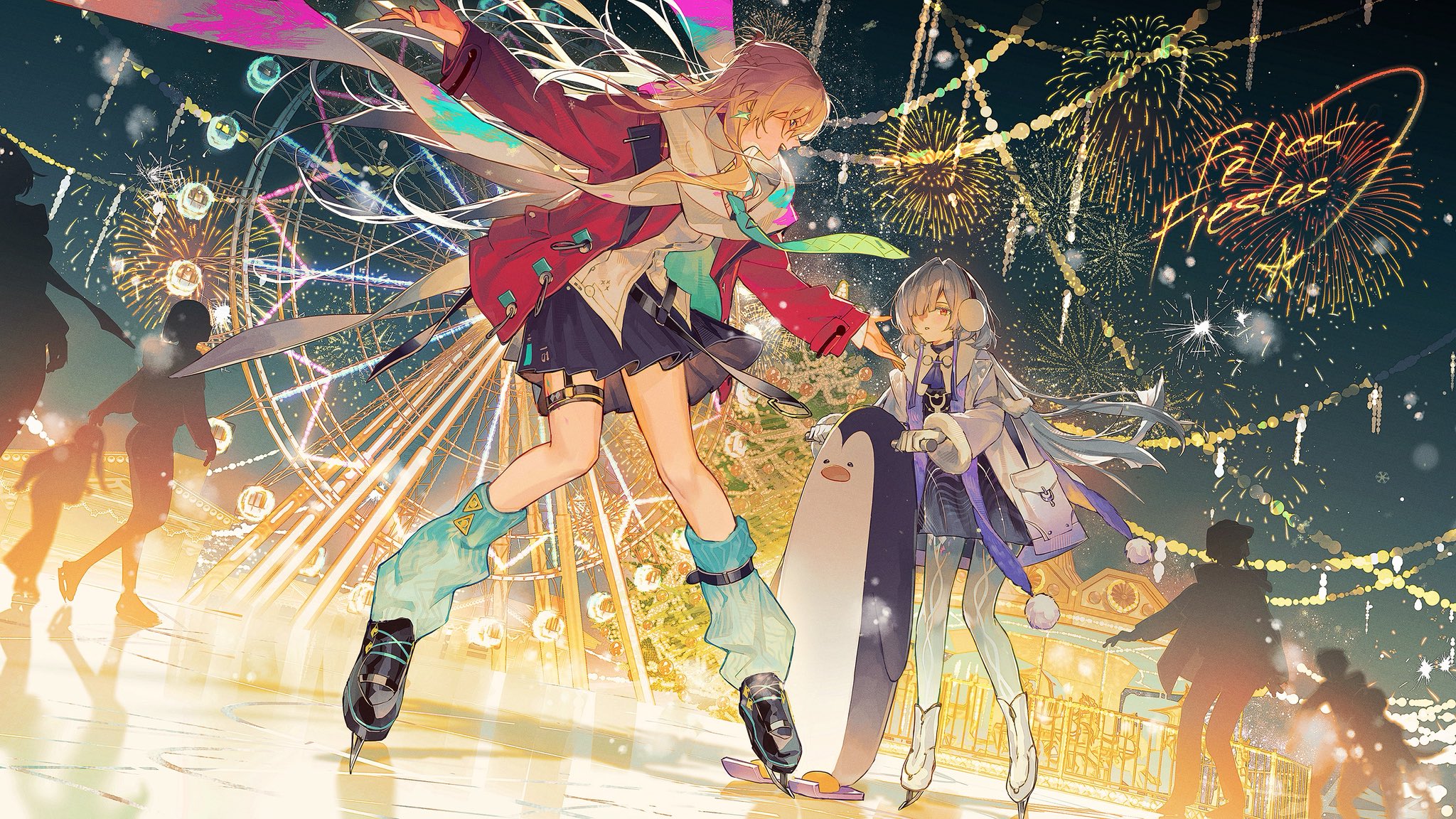 mint-tan, lynae (wuthering waves), mornye (wuthering waves), wuthering waves, commentary, highres, symbol-only commentary, 2girls, aerial fireworks, black skirt, blonde hair, dress, earmuffs, earrings, fireworks, grey hair, hair over one eye, holding, ice skates, jacket, jewelry, long hair, looking at another, multiple girls, night, offering hand, open mouth, people, pink jacket, purple dress, red eyes, scarf, see-through body, shirt, skates, skirt, smile, star (symbol), star earrings, untucked shirt, white jacket, white scarf, white shirt