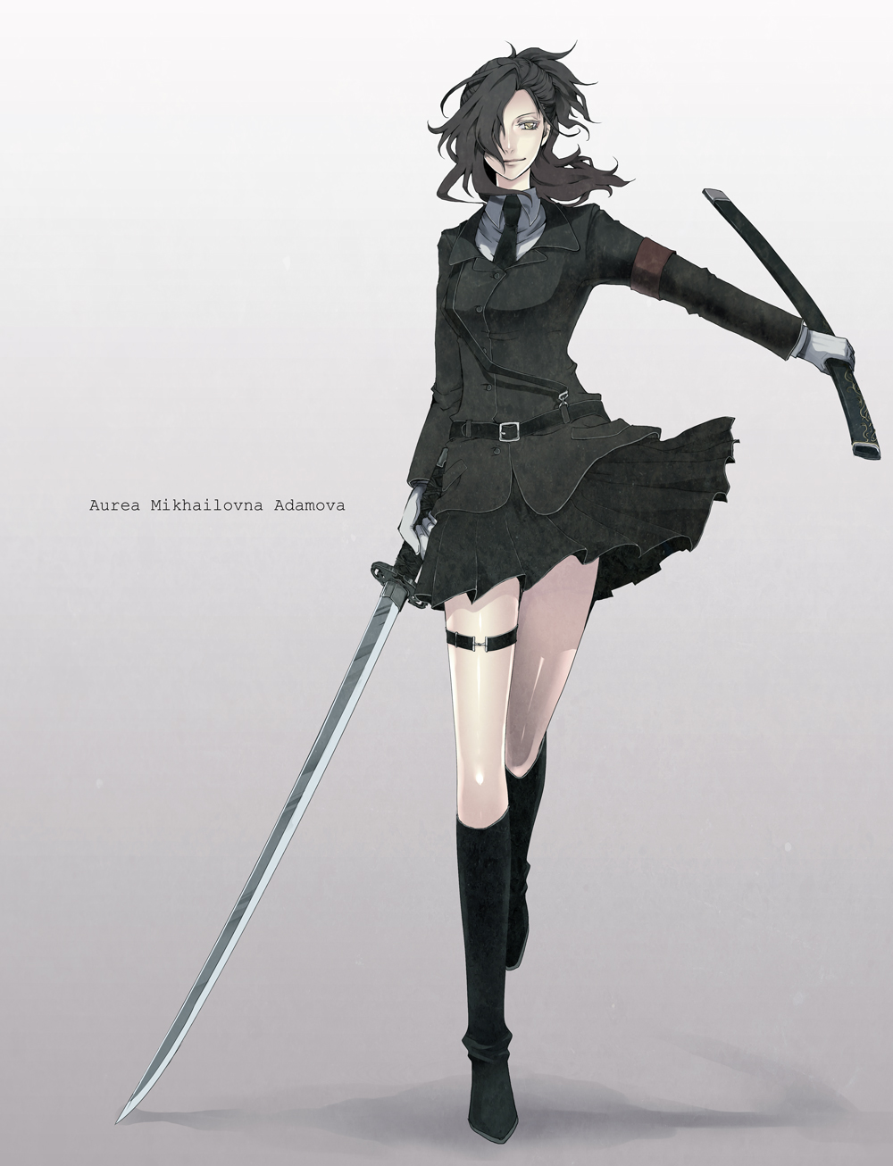nicole pmonachi, pixiv, pixiv army, highres, 1girl, armband, black hair, black socks, boots, female focus, hair over one eye, katana, kneehighs, long hair, military, military uniform, necktie, russia, simple background, skirt, smile, socks, solo, sword, thigh strap, weapon, yellow eyes