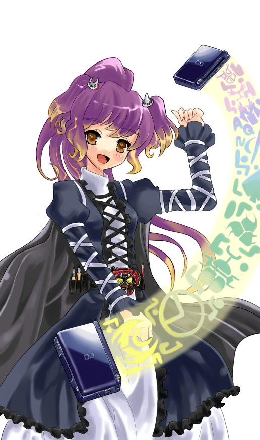 jurio (greatdaze), jyuri otoko, maguroido, hijiri byakuren, kamen rider blade, kamen rider garren, kivat-bat ii, kamen rider, kamen rider kiva (series), touhou, bad id, bad pixiv id, 1girl, alternate hairstyle, belt, dress, female focus, gradient hair, handheld game console, long hair, multicolored hair, nintendo ds, solo, sorcerer's sutra scroll, twintails, yellow eyes