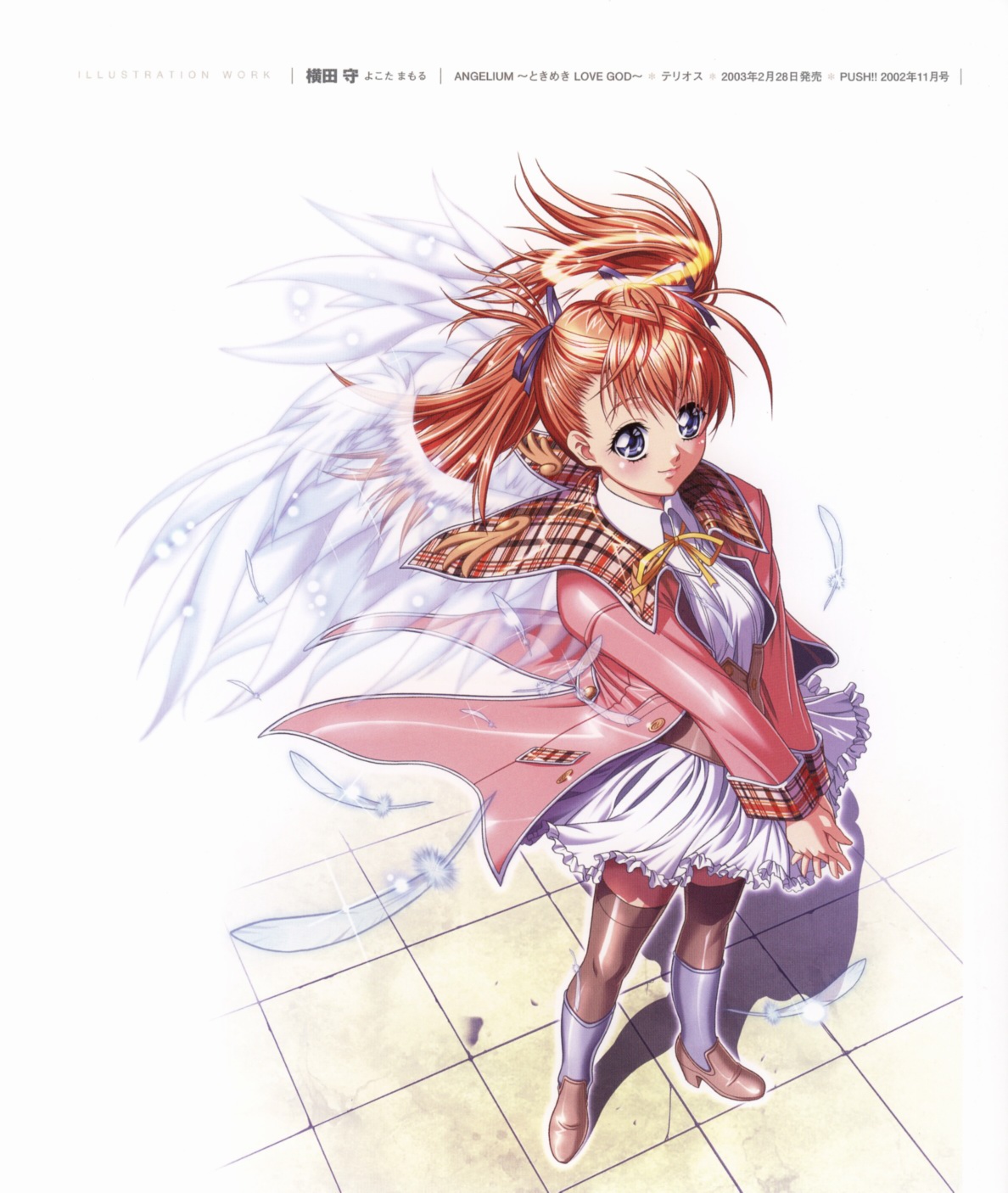 yokota mamoru, amamiya yuu, angelium, plaid, highres, scan, 00s, 1girl, angel, blue eyes, feathers, female focus, full body, hair ribbon, halo, high heels, jacket, orange hair, own hands clasped, own hands together, ribbon, shoes, smile, solo, thighhighs, traditional halo, twintails, white background, wind, wings, zettai ryouiki