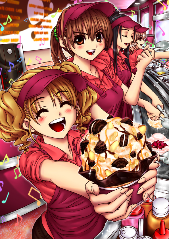 oogami makoto (artist), original, commentary request, 4girls, :d, ^ ^, apron, beamed eighth notes, black hair, blonde hair, blush, bottle, breasts, brown eyes, brown hair, closed eyes, collared shirt, dessert, eighth note, employee uniform, food, foreshortening, fruit, green scrunchie, hair ornament, hair scrunchie, hand up, hat, holding, holding food, holding ice cream scoop (utensil), ice cream, ice cream scoop (utensil), indoors, medium breasts, menu, multiple girls, musical note, open mouth, oreo, parted bangs, polo shirt, quarter note, red apron, red hat, scrunchie, shirt, short hair, short sleeves, short twintails, sidelocks, smile, sparkle, speaker, strawberry, top of moe 2016, twintails, visor cap, working