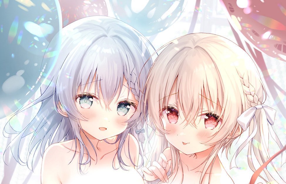 amedamacon, original, commentary request, :p, balloon, blue eyes, blush, bow, braid, braided bangs, brown hair, collarbone, grey hair, hair between eyes, hair bow, hand up, light censor, long hair, nude, out-of-frame censoring, red eyes, smile, tongue, tongue out, twintails, upper body, white bow