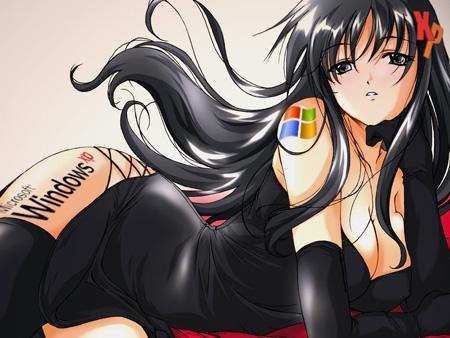 xp-tan, microsoft windows, os-tan, windows xp, lowres, third-party edit, 1girl, black hair, breasts, cleavage, female focus, gloves, long hair, solo, thighhighs