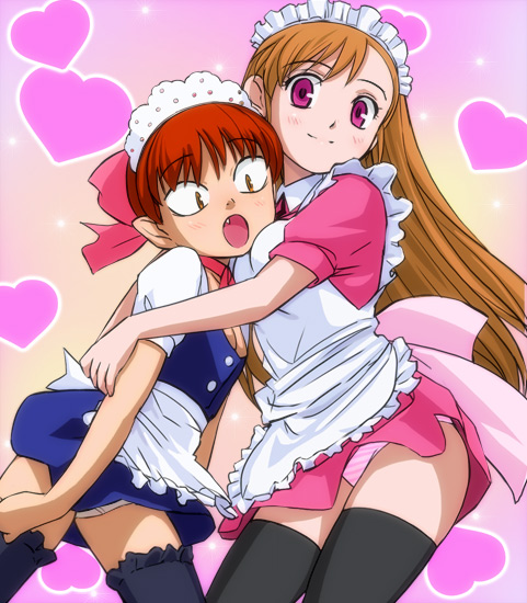 haruyama kazunori, nekomusume, gegege no kitarou, toei company, character request, 2girls, apron, bow, brown hair, hair ribbon, heart, heart background, hug, long hair, maid, maid apron, miniskirt, multiple girls, panties, pink bow, pink eyes, red hair, ribbon, skirt, slit pupils, thighhighs, underwear, yellow eyes, zettai ryouiki
