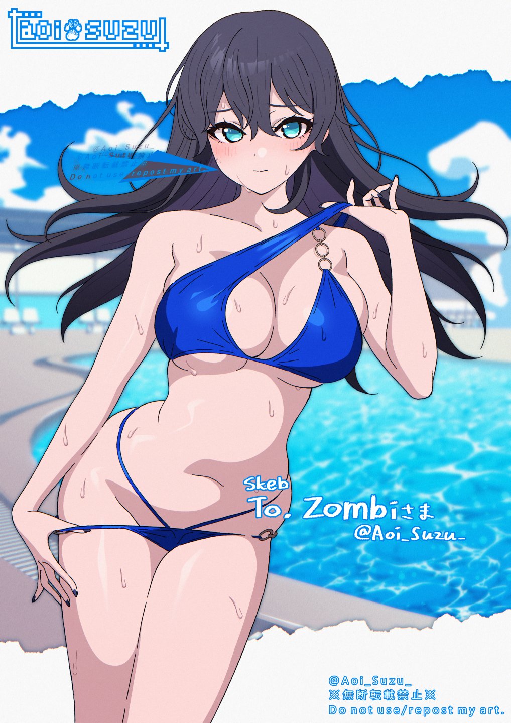 aoi suzu, original, commentary request, commission, highres, skeb commission, 1girl, aqua eyes, artist name, bare shoulders, bikini, black hair, black nails, blue bikini, blue eyes, breasts, cleavage, closed mouth, cloud, cloudy sky, collarbone, long hair, looking at viewer, medium breasts, pool, poolside, sky, solo, strap pull, sweatdrop, swimsuit, thighs, twitter username, watermark, wet, wind