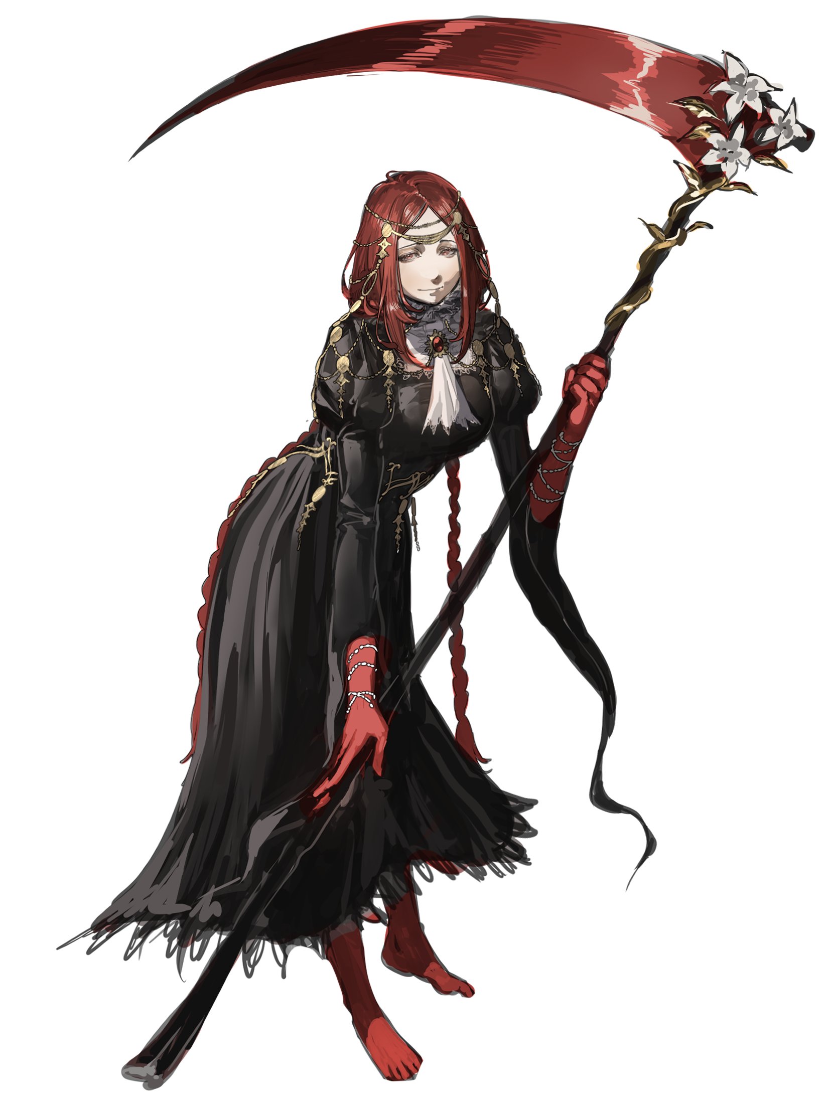 hanny (uirusu chan), elden ring, elden ring nightreign, original, commentary, english commentary, highres, 1girl, ascot, black dress, braid, closed mouth, dress, full body, gloves, holding, holding scythe, holding weapon, jewelry, leaning forward, long hair, no shoes, red gloves, red hair, scythe, simple background, smile, solo, standing, twin braids, very long hair, weapon, white ascot, white background