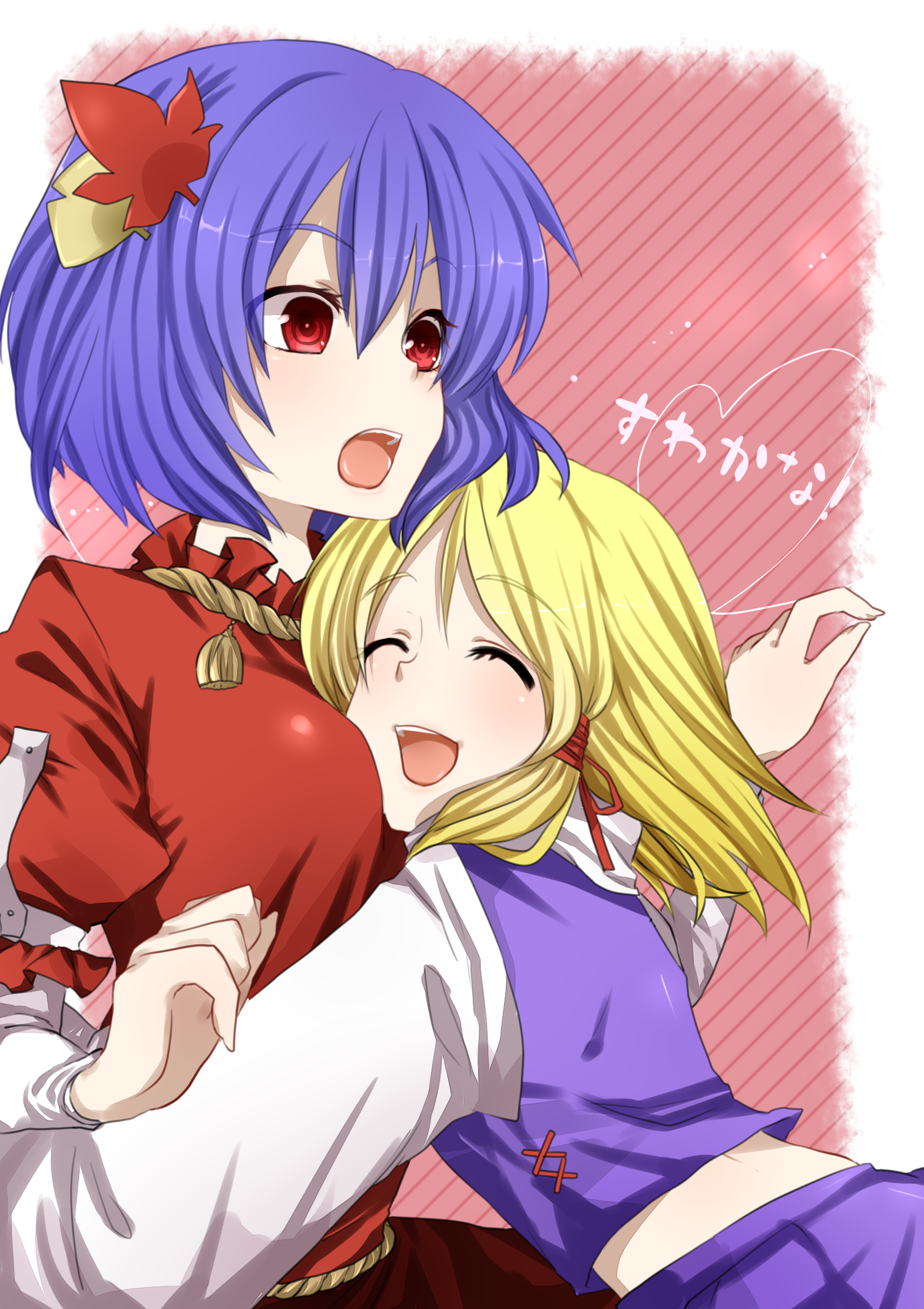 amaya enaka, tentani, moriya suwako, yasaka kanako, touhou, bad id, bad pixiv id, highres, 2girls, :d, between breasts, blonde hair, blue hair, breasts, closed eyes, female focus, glomp, hair ornament, hair ribbon, happy, hug, leaf, leaf hair ornament, multiple girls, no headwear, open mouth, red eyes, ribbon, short hair, smile, surprised, transparent background