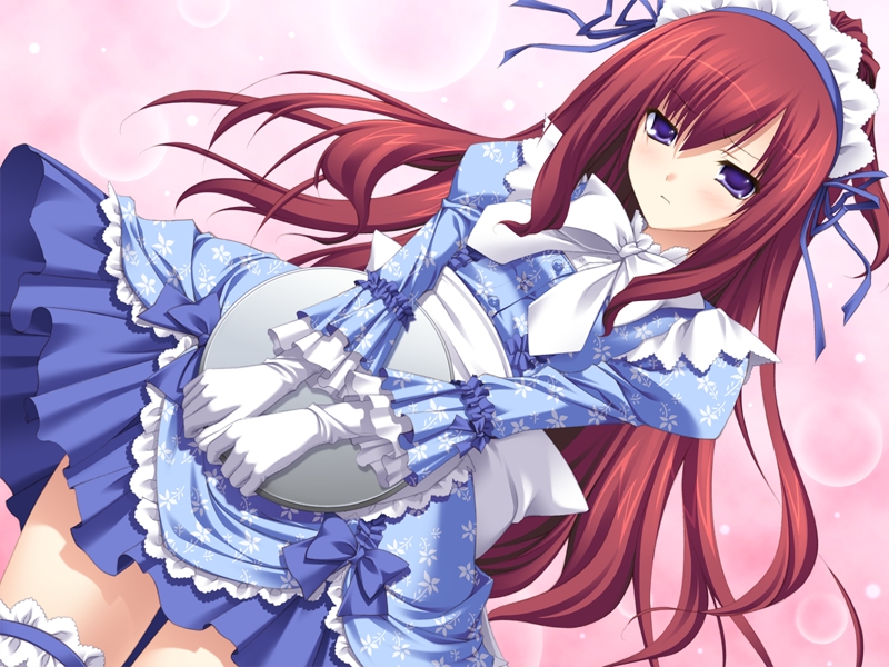 narumi yuu (bunbukudou), kusakabe misuzu, 11eyes, 5pb., game cg, 00s, 1girl, blue eyes, female focus, frilled thigh strap, gloves, hair ornament, long hair, maid, plate, red hair, ribbon, solo, thigh strap, thighhighs, waitress, white gloves
