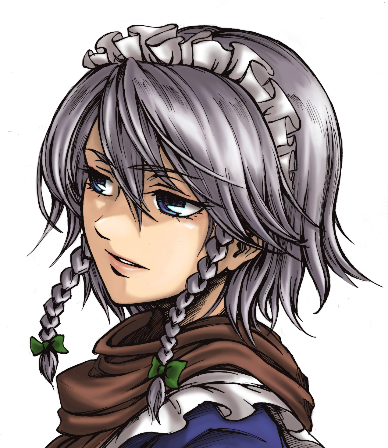 housei, ichiru, mita (matsuri68), yadonushi (housei), izayoi sakuya, perfect cherry blossom, touhou, bad id, bad pixiv id, colorized, highres, 1girl, braid, female focus, hair ribbon, maid, portrait, ribbon, scarf, short hair, solo, twin braids, white hair