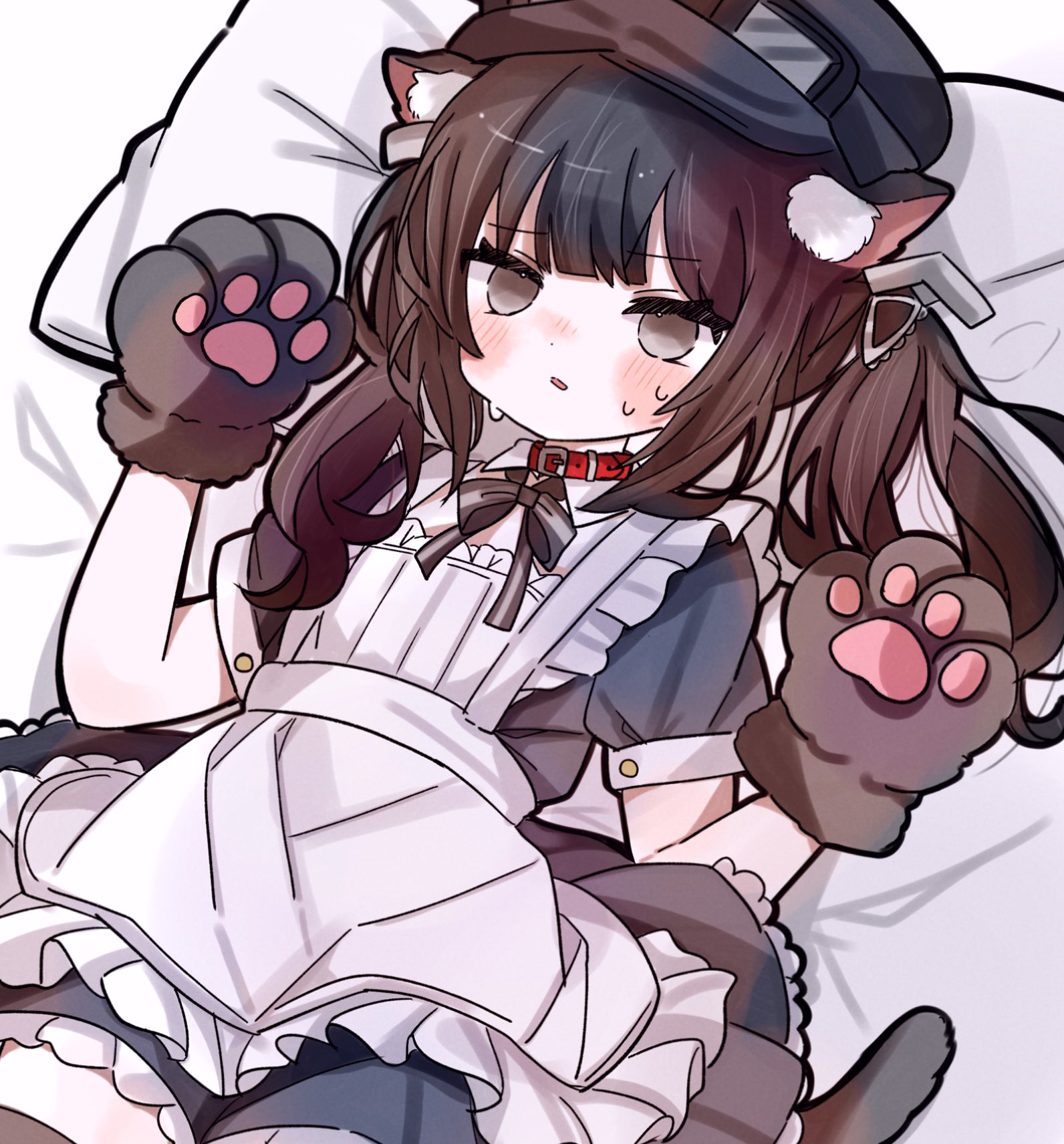 kurobe nanoka, mahou shoujo no majo saiban, commentary request, highres, 1girl, alternate costume, animal ears, animal hands, apron, black dress, black hair, black hat, black ribbon, blunt bangs, cat ears, cat tail, collar, cowboy shot, dress, frilled apron, frills, gloves, goggles, goggles on headwear, grey eyes, hat, kemonomimi mode, long hair, looking at viewer, lying, myua (wan wan 00xx), on back, on bed, paw gloves, pillow, puffy short sleeves, puffy sleeves, red collar, ribbon, short sleeves, solo, sweatdrop, tail, twintails, white apron