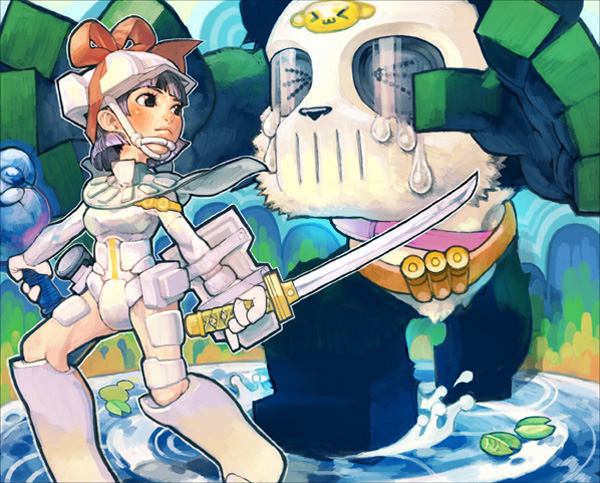 kawa yoo, kawaguchi youhei, 1girl, armor, bear, black hair, blue theme, green theme, panda, pet, short hair, sword, water, weapon