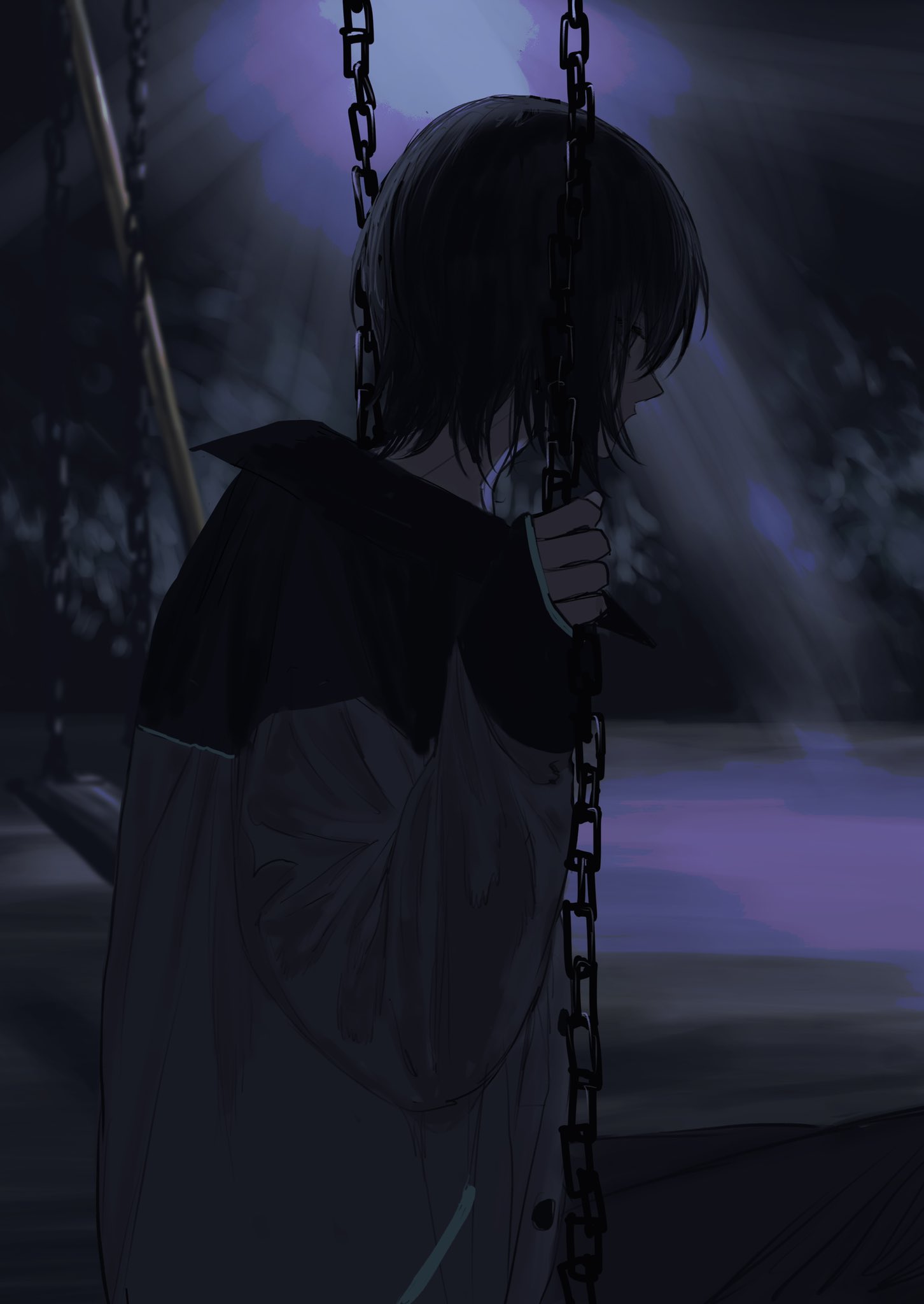 indigo (indigo aoi), mayuzumi kai, mayuzumi kai (1st costume), nijisanji, hashtag-only commentary, highres, protected link, 1boy, black hair, black jacket, blue eyes, chain, expressionless, grey pants, hair between eyes, jacket, looking ahead, looking down, male focus, moon, moonlight, multicolored jacket, night, on swing, outdoors, pants, parted bangs, purple moon, short hair, sidelocks, sitting, sleeves past wrists, solo, swing, swing set, two-tone jacket, upper body, virtual youtuber, white jacket