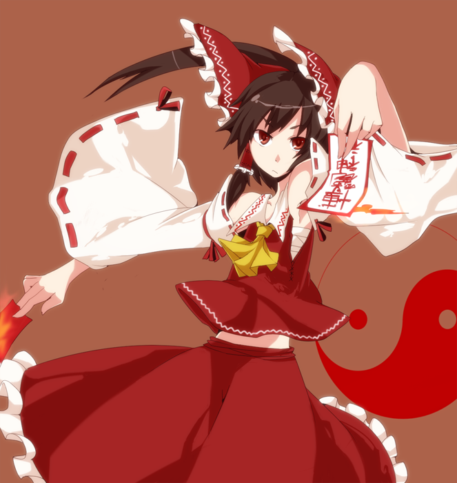 katakura nayuuki, hakurei reimu, imperishable night, touhou, bad id, bad pixiv id, 1girl, armpits, between fingers, brown hair, detached sleeves, female focus, holding, japanese clothes, midriff, miko, ofuda, red eyes, sarashi, simple background, solo, yin yang