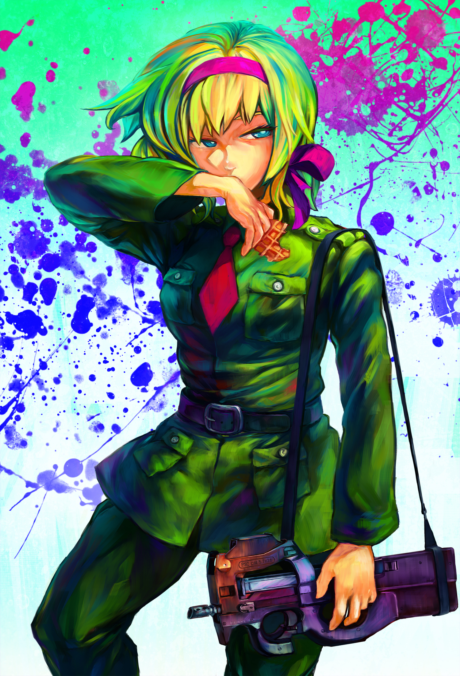 ekochin, belgium (hetalia), axis powers hetalia, highres, 00s, 1girl, blonde hair, blue eyes, bullpup, female focus, food, gun, hair ribbon, military, military uniform, p90, personal defense weapon, ribbon, short hair, solo, submachine gun, waffle, weapon