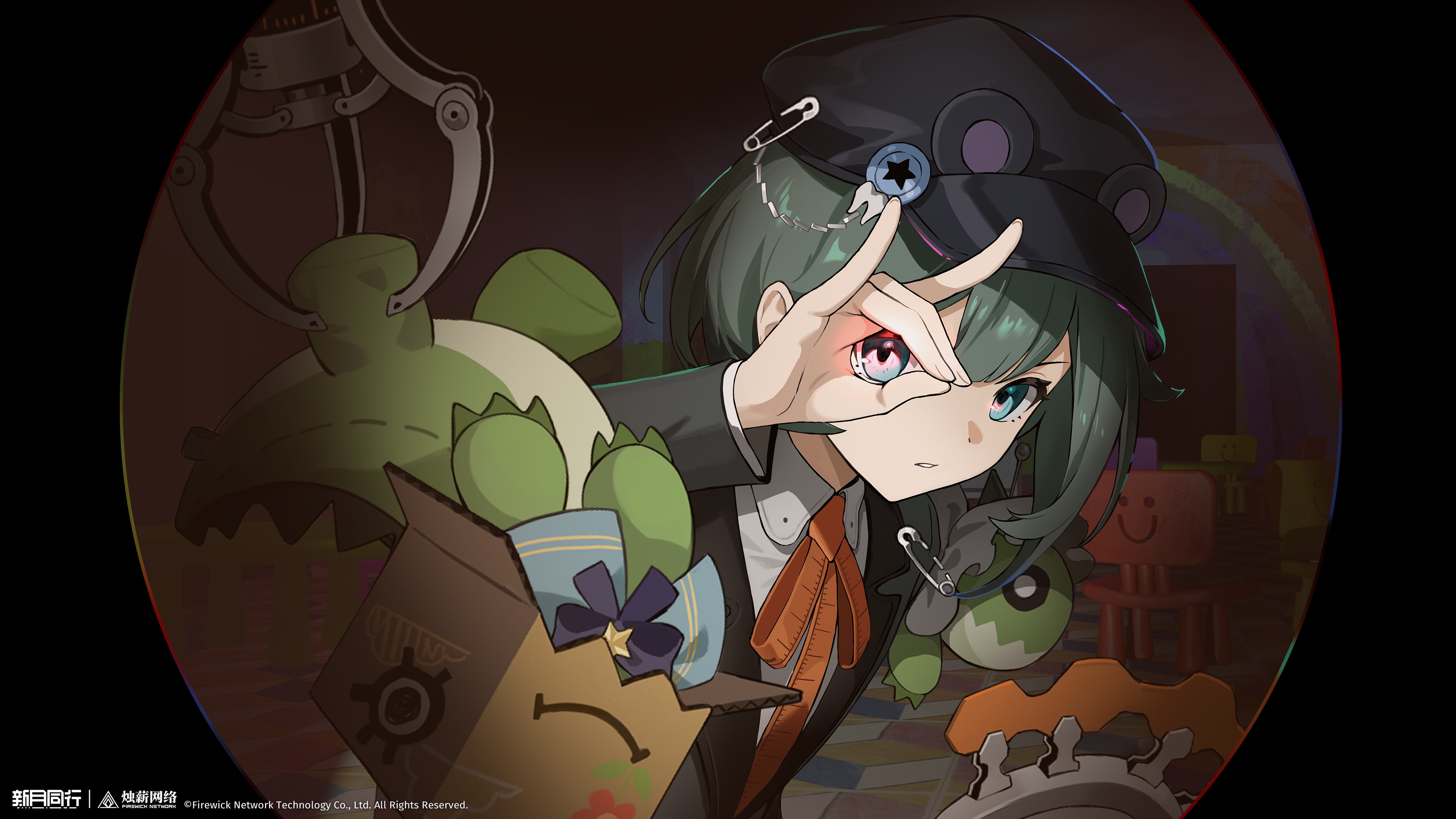 xinyue tongxing, absurdres, highres, official art, official wallpaper, 1girl, animal ear headwear, black hat, blazer, box, cardboard box, chair, collared shirt, copyright name, copyright notice, crane game, dark, fake animal ears, fox shadow puppet, green eyes, green hair, grey jacket, hand over eye, hand up, hat, indoors, jacket, leaning forward, logo, looking at viewer, neck ribbon, newsboy cap, orange ribbon, qingxing (xinyue tongxing), ribbon, round image, safety pin, shirt, short hair, solo, stuffed dinosaur, stuffed toy, upper body, white shirt