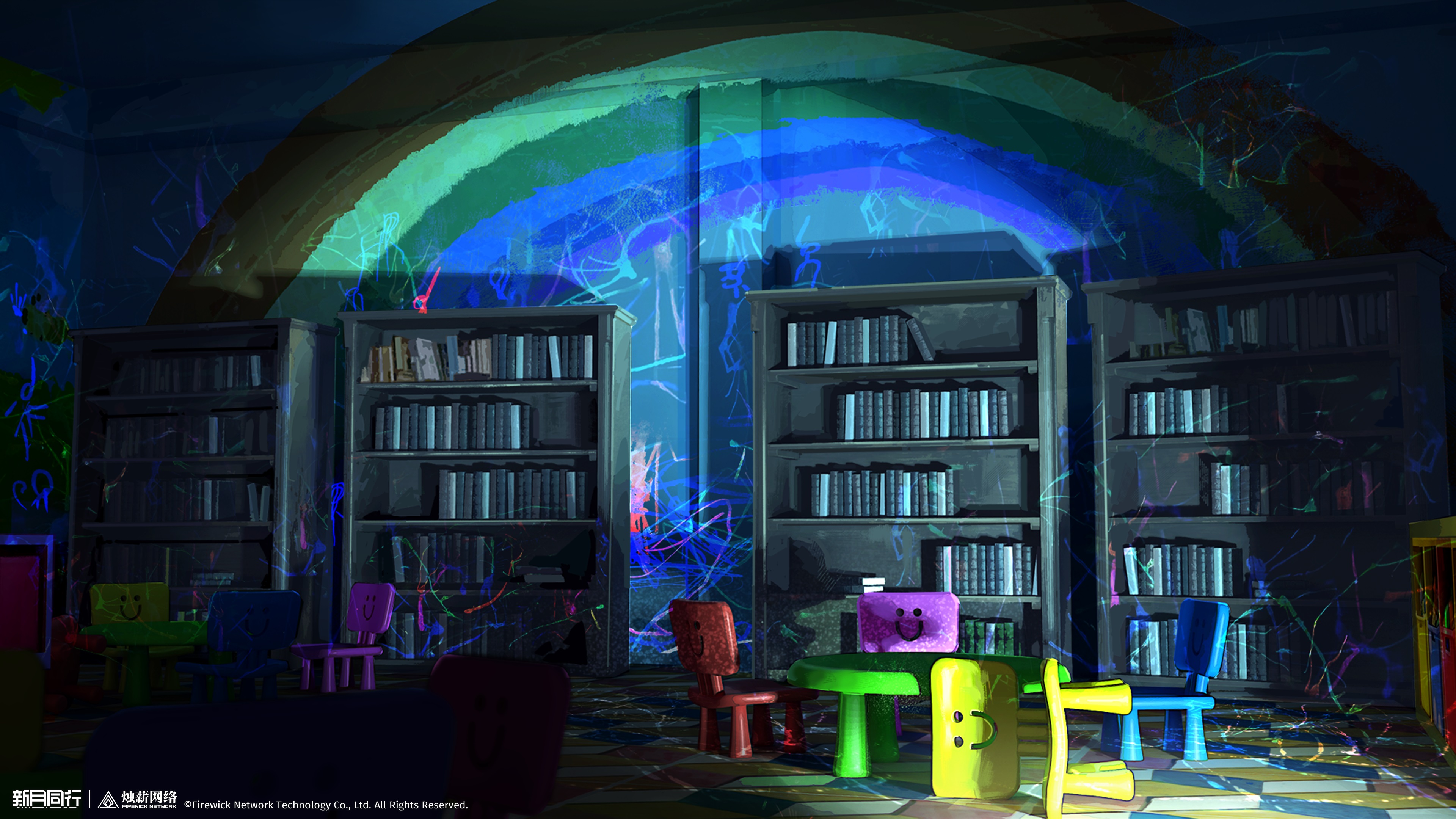 xinyue tongxing, absurdres, highres, official art, official wallpaper, book, bookshelf, chair, copyright name, copyright notice, dark, dim lighting, graffiti, indoors, logo, no humans, round table, scenery, table, tile floor, tiles