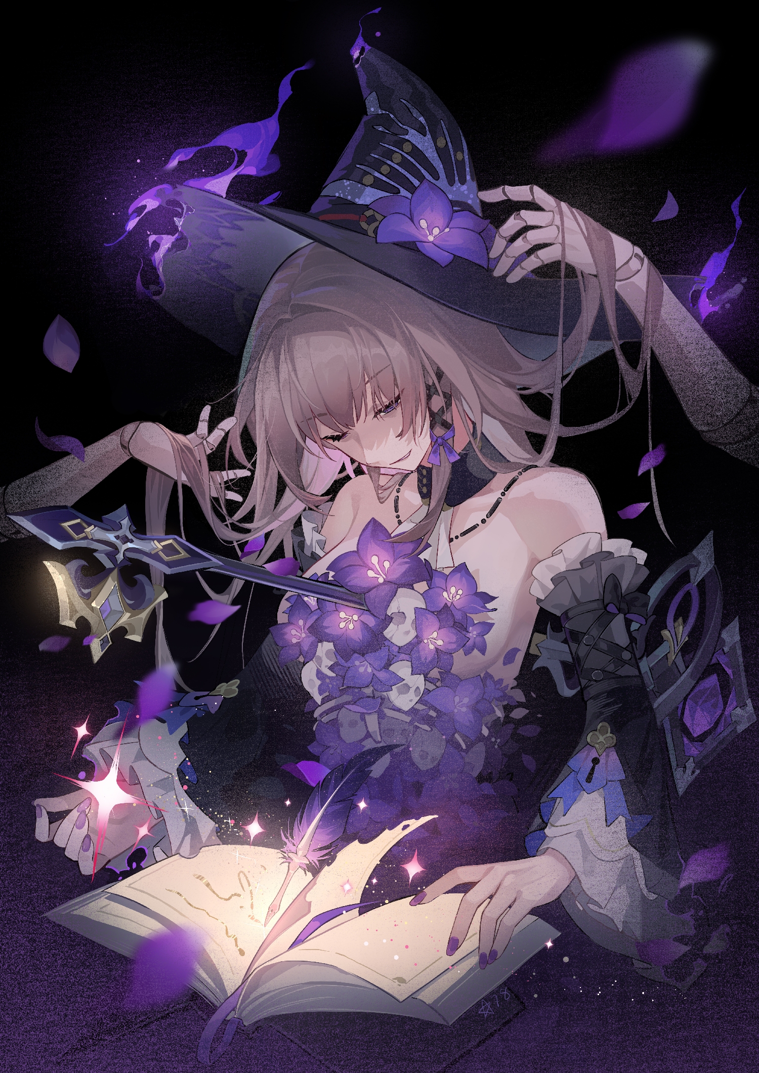 xingqiba (974528265), herta (honkai: star rail), herta (puppet) (honkai: star rail), the herta (honkai: star rail), honkai: star rail, honkai (series), commentary request, highres, 3girls, adapted costume, black background, black hat, book, brown hair, detached sleeves, doll joints, dual persona, fingernails, fire, flower, hat, hat flower, herta (rubert iii) (honkai: star rail), holding another's hair, impaled, joints, key, long fingernails, long hair, looking down, multiple girls, nail polish, one eye closed, open book, out of frame, parted lips, purple eyes, purple fire, purple flower, purple nails, quill, solo focus, witch hat