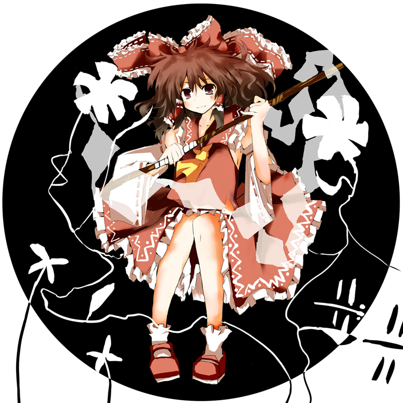 matsushita yuu, hakurei reimu, touhou, md5 mismatch, 1girl, brown hair, female focus, flower, japanese clothes, ribbon, solo