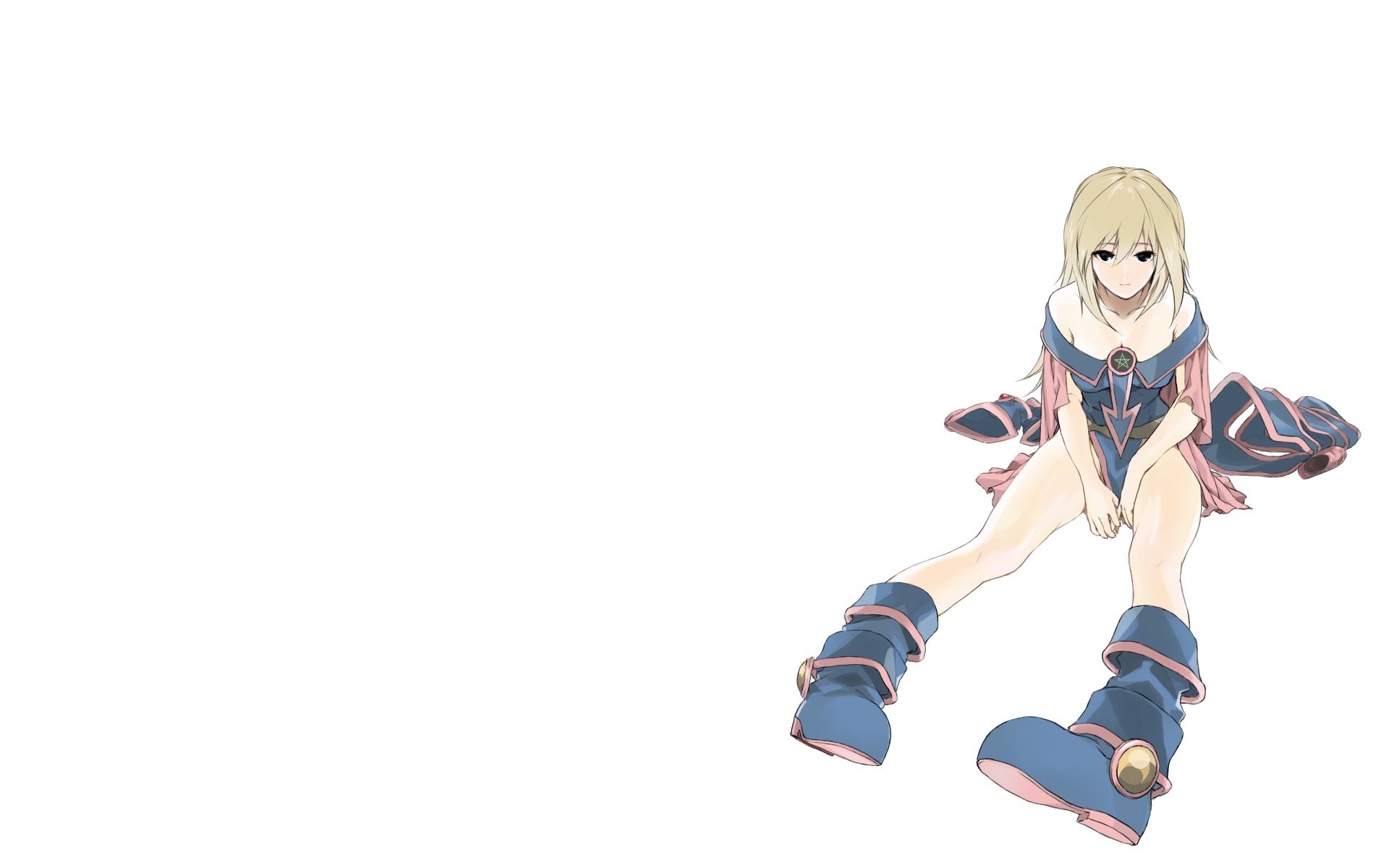 dark magician girl, yu-gi-oh!, yu-gi-oh! duel monsters, highres, 1girl, bare shoulders, blonde hair, boots, breasts, cleavage, duel monster, female focus, large breasts, solo