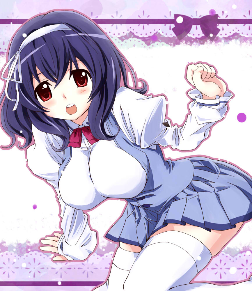 totoka, yamanobe tomo, seikon no qwaser, commentary request, 1girl, :o, arm support, blue hair, blue skirt, blue vest, bow, bowtie, breasts, buttons, collared shirt, hairband, huge breasts, juliet sleeves, long sleeves, looking at viewer, medium hair, miniskirt, open mouth, pleated skirt, puffy sleeves, red bow, red bowtie, red eyes, school uniform, shirt, skirt, solo, teeth, thighhighs, underbust, upper teeth only, vest, white background, white hairband, white shirt, white thighhighs