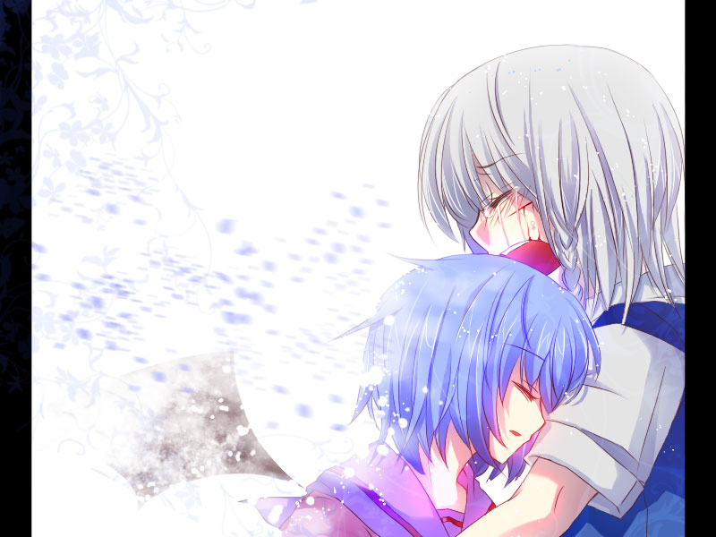 mutsuki, mutsuki (ama245), izayoi sakuya, remilia scarlet, touhou, silver hair, bad id, bad pixiv id, 2girls, bad end, bleeding, blood, blue hair, closed eyes, crying, cuts, death, female focus, injury, multiple girls, open mouth, sailor collar, school uniform, short hair, tears