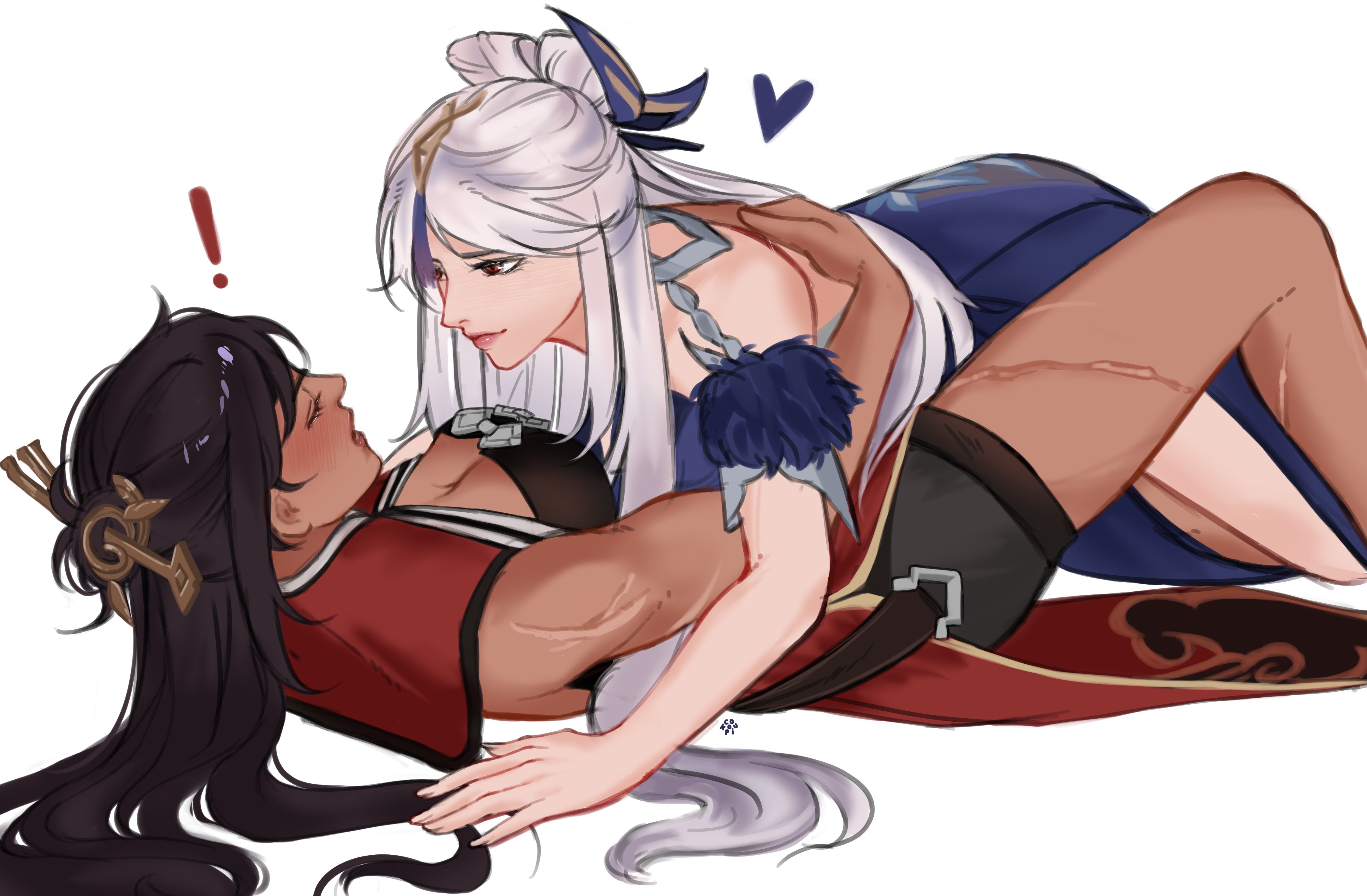 cokoupi, beidou (genshin impact), ningguang (genshin impact), genshin impact, absurdres, commentary, english commentary, highres, !, 2girls, black hair, blue dress, blush, breasts, cleavage, closed mouth, dress, hair ornament, heart, large breasts, long hair, multiple girls, open mouth, red eyes, scar, scar on leg, simple background, smile, tassel, tassel hair ornament, white background, white hair, yuri