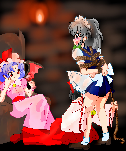 toori sugari (tohrisugari), hakurei reimu, izayoi sakuya, remilia scarlet, touhou, bad id, bad pixiv id, 3girls, arms behind back, bdsm, bondage, bound, box tie, cunnilingus, female focus, multiple girls, oekaki, oral, yuri