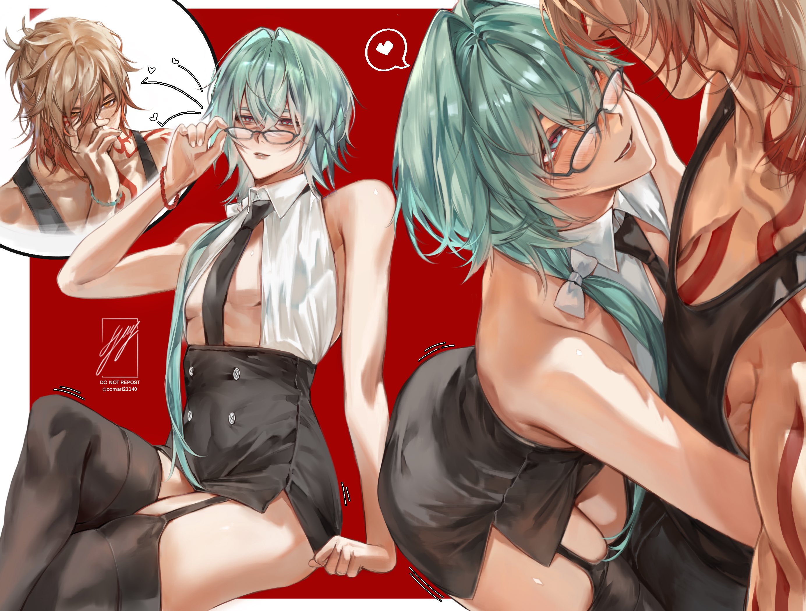 anaxa (honkai: star rail), mydei (honkai: star rail), honkai: star rail, honkai (series), highres, 2boys, aqua hair, arm tattoo, blonde hair, blue eyes, braid, chest tattoo, crossdressing, glasses, gradient hair, hair between eyes, long hair, male focus, medium hair, multicolored hair, multiple boys, neck tattoo, ocmari21140, pink pupils, red hair, red tattoo, side braid, smile, tattoo, toned, toned male, yaoi, yellow eyes