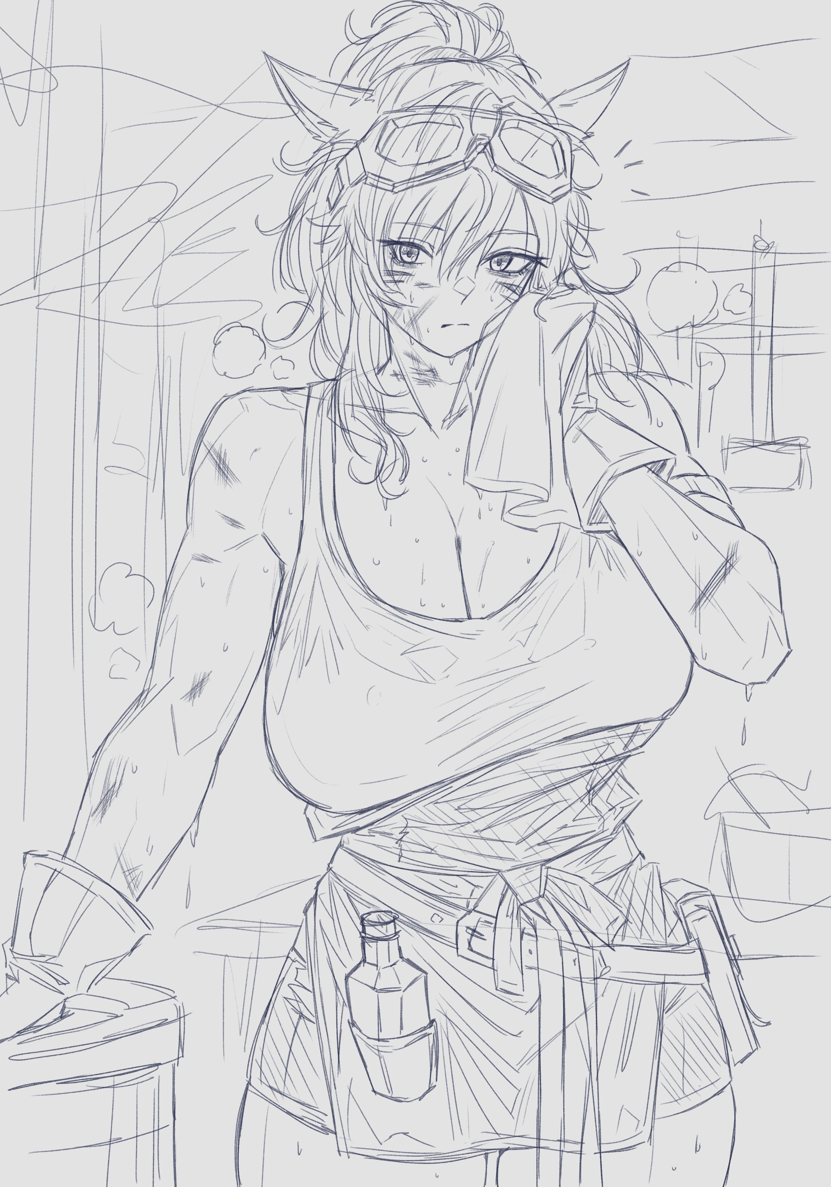 plamja jukov, final fantasy, final fantasy xiv, absurdres, character request, highres, 1girl, breasts, cleavage, large breasts, pointy ears, sweat, sweatdrop