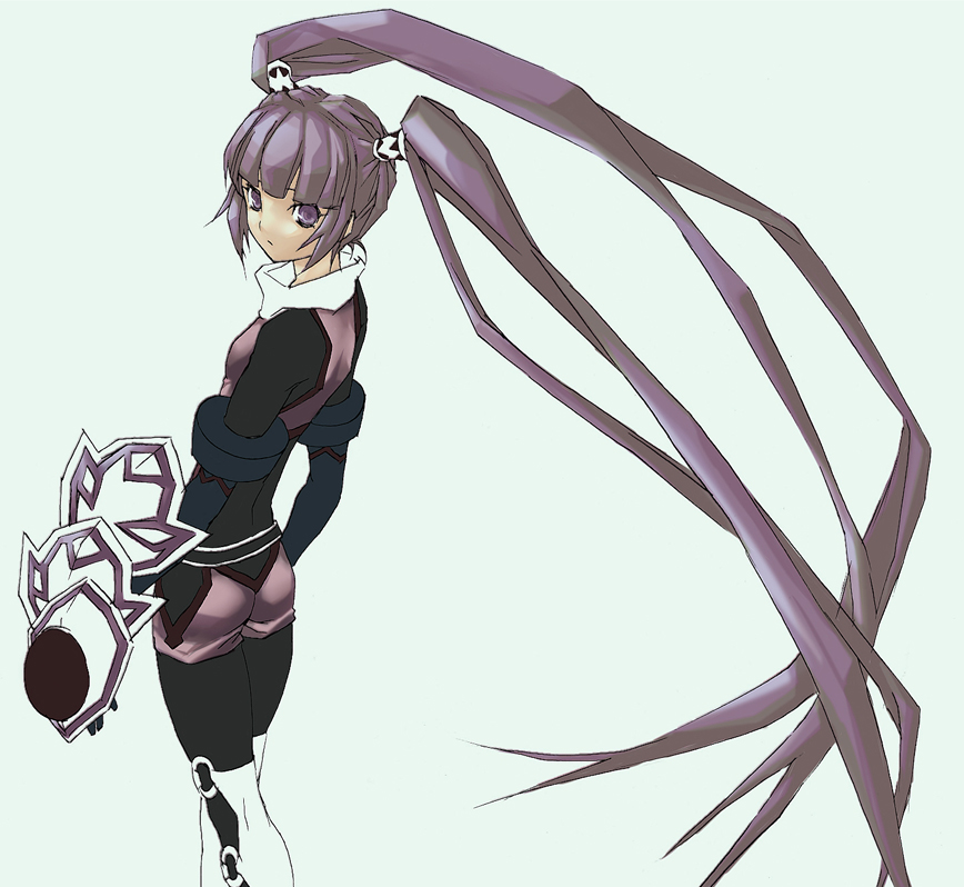 sonnnabakana, sophie (tales), tales of (series), tales of graces, 1girl, ass, female focus, gauntlets, long hair, partially colored, purple eyes, purple hair, simple background, solo, twintails, very long hair