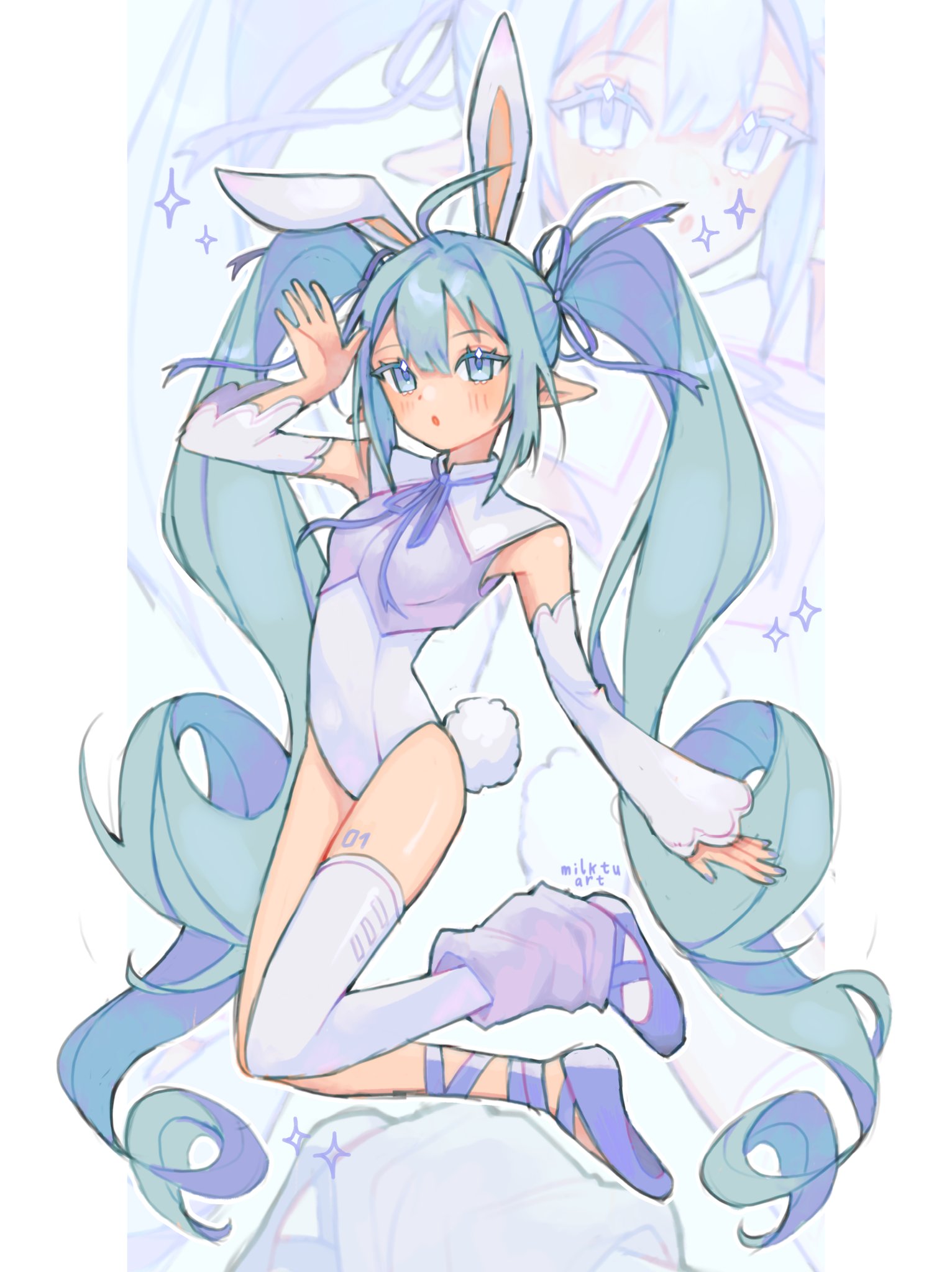 milktuart, hatsune miku, vocaloid, commentary, english commentary, highres, 1girl, :o, alternate costume, animal ears, aqua hair, ballerina, ballet slippers, blue background, blue eyes, blue nails, blue ribbon, blue shoes, border, detached sleeves, full body, leg warmers, leotard, long hair, looking at viewer, open mouth, pointy ears, purple leg warmers, rabbit ears, rabbit tail, ribbon, shoes, simple background, single leg warmer, single thighhigh, solo, standing, tail, thighhighs, thighs, twintails, white background, white border, white leotard, white sleeves, white thighhighs