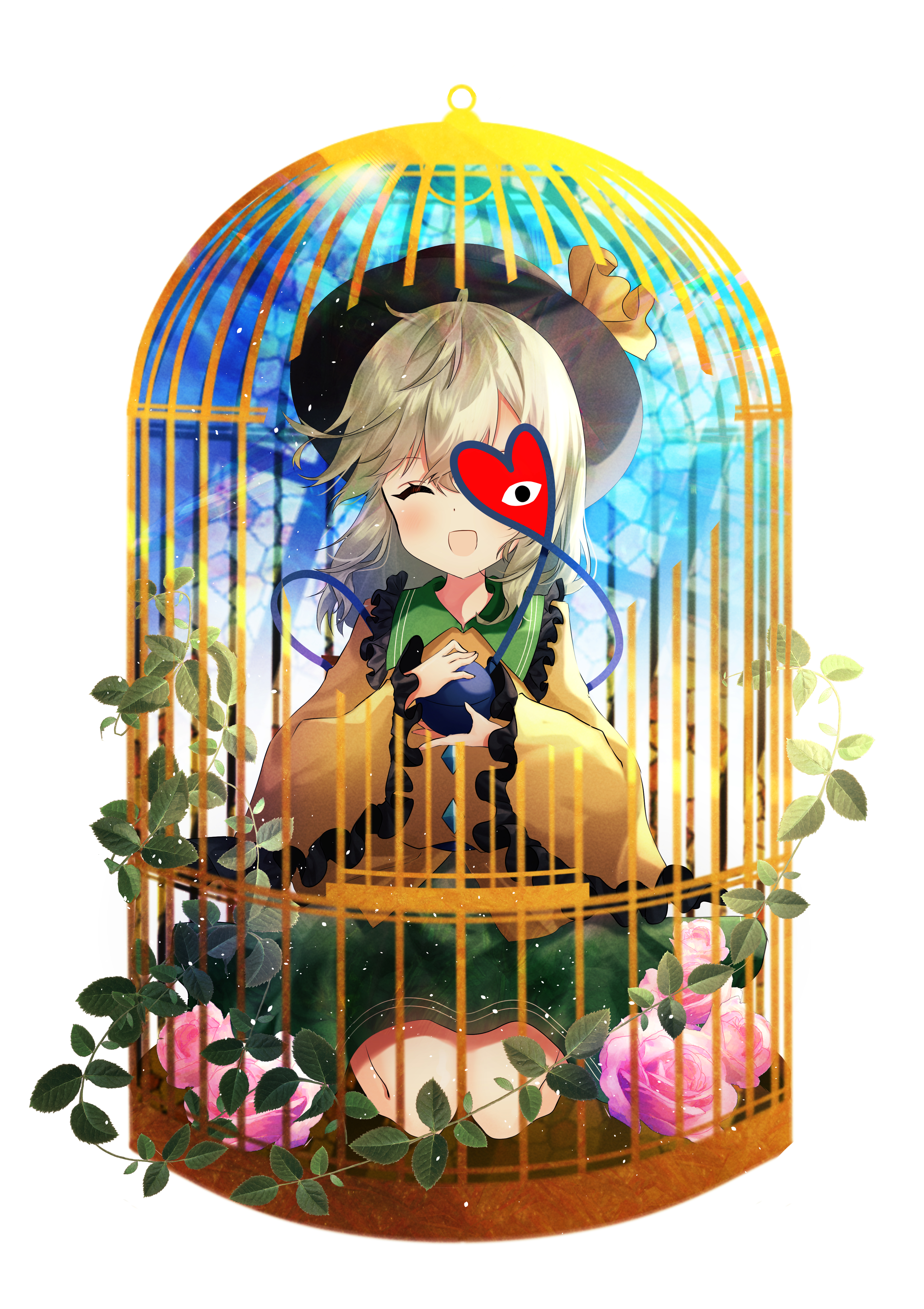 nettian51, komeiji koishi, touhou, absurdres, commentary, highres, 1girl, birdcage, blush, buttons, cage, closed eyes, collared shirt, contrast collar, diamond button, flower, frilled shirt collar, frilled sleeves, frills, green hair, green skirt, heart, heart of string, koishi day, leaf, long sleeves, medium hair, one eye covered, open mouth, pink flower, pink rose, rose, seiza, shirt, simple background, sitting, skirt, solo, third eye, white background, wide sleeves, yellow shirt