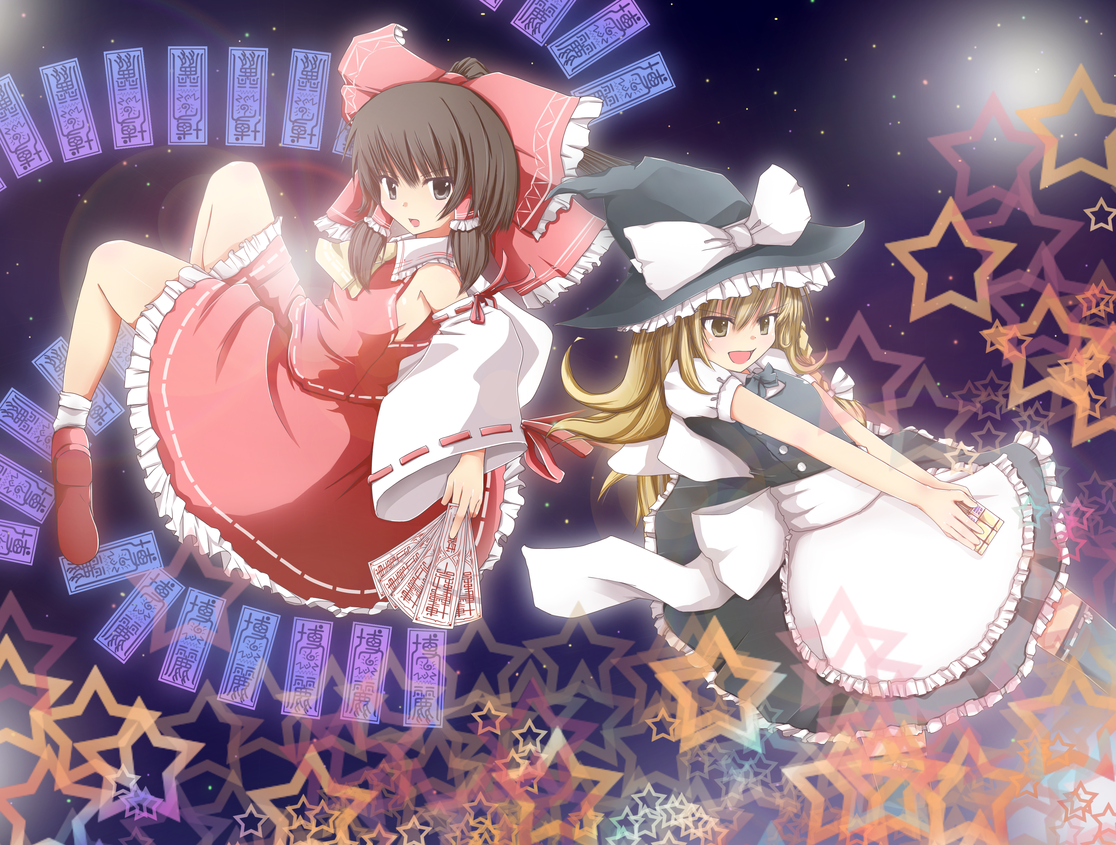 natsume riu, hakurei reimu, kirisame marisa, touhou, absurdres, highres, 2girls, blonde hair, bow, braid, brown hair, detached sleeves, female focus, flying, hat, japanese clothes, lens flare, long hair, miko, multiple girls, night, ofuda, open mouth, short hair, sky, star (symbol), talisman, upskirt, v arms, witch, witch hat, yellow eyes