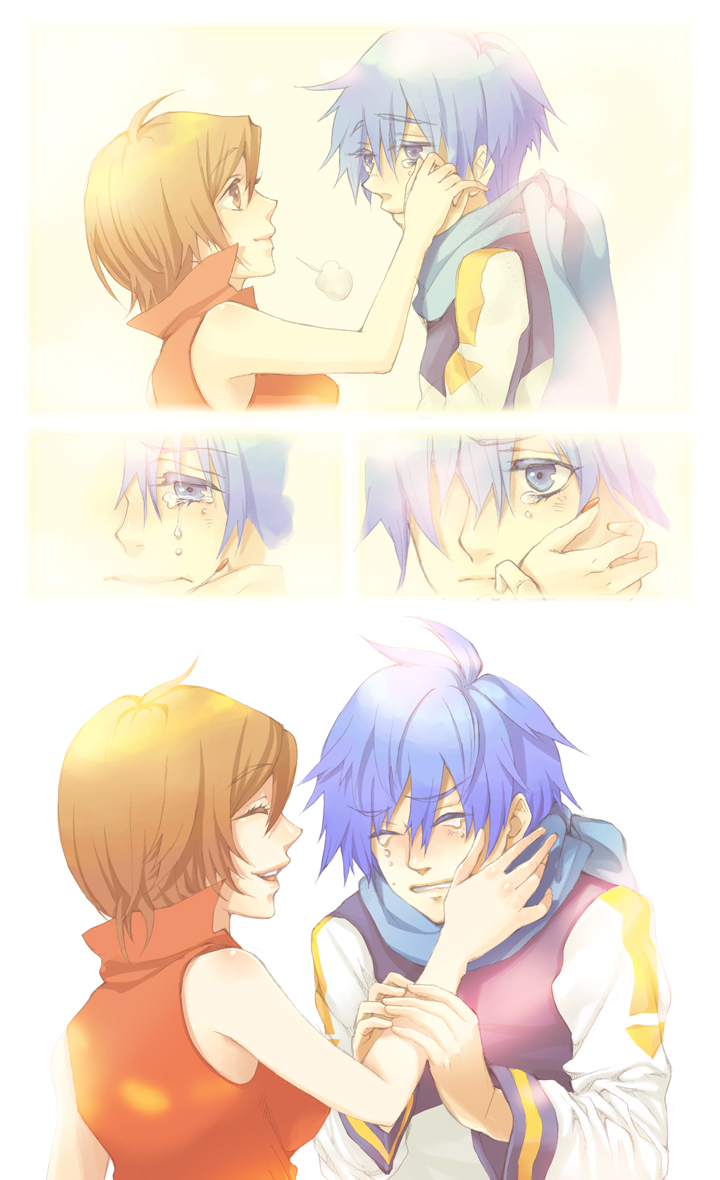 himekawa donki, kaito (vocaloid), meiko (vocaloid), vocaloid, 1boy, 1girl, blue hair, blue scarf, brown hair, couple, hetero, scarf, short hair, smile, tears