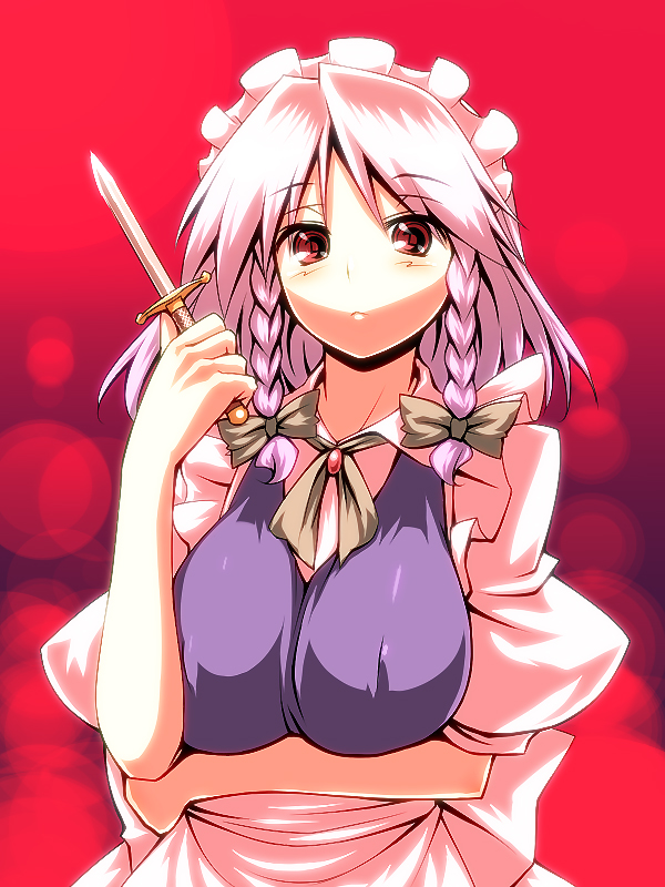 tro (trombe), izayoi sakuya, embodiment of scarlet devil, touhou, silver hair, 1girl, arm under breasts, braid, breasts, female focus, gradient background, knife, maid, red eyes, short hair, solo, symbol-shaped pupils, throwing knife, twin braids, weapon