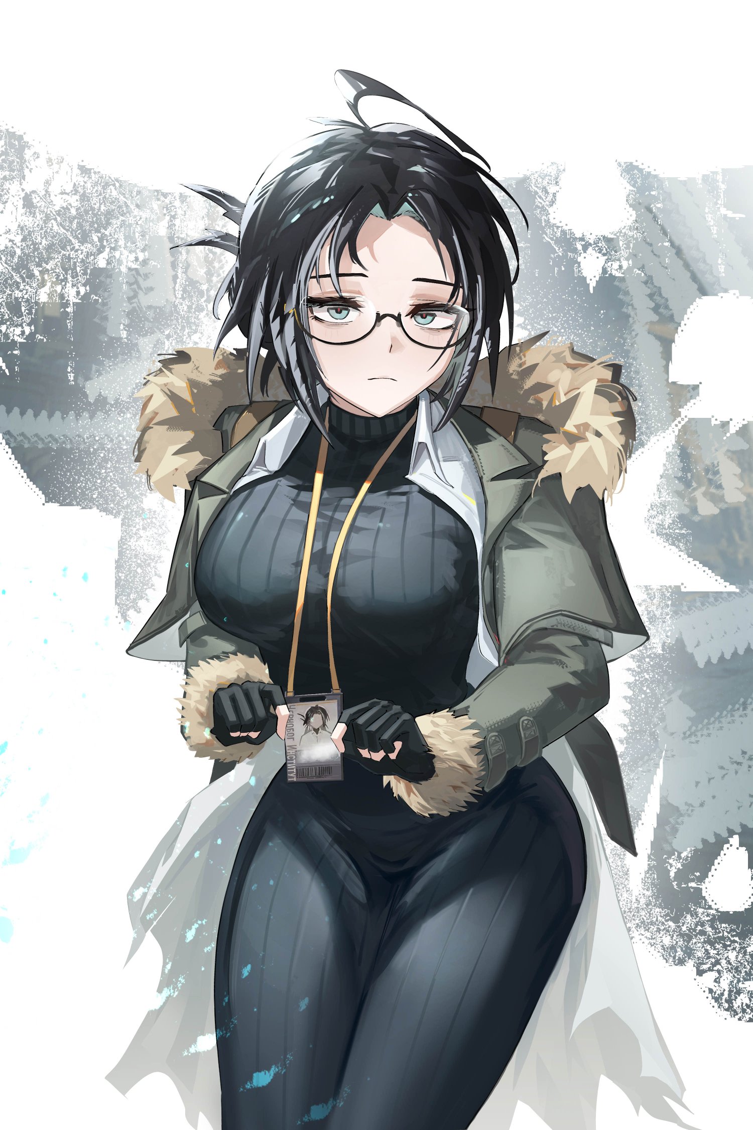 jambaeng, snegurochka (arknights), arknights, commentary request, highres, 1girl, bags under eyes, bird girl, black-framed eyewear, black dress, black gloves, black hair, blush, breasts, coat, dress, feather hair, fingerless gloves, fur-trimmed coat, fur trim, glasses, gloves, green coat, holding, holding id card, id card, large breasts, long hair, long sleeves, looking at viewer, messy hair, red pupils, ribbed dress, semi-rimless eyewear, shirt, solo, sweater, sweater dress, turtleneck, turtleneck dress, under-rim eyewear