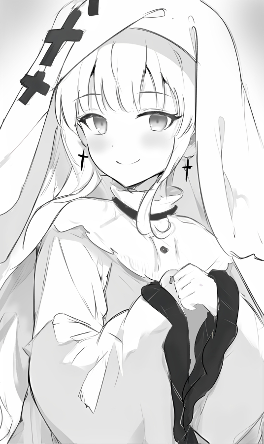 raifu (rf), hikami meruru, mahou shoujo no majo saiban, commentary request, 1girl, closed mouth, cross, cross earrings, earrings, greyscale, jewelry, long hair, long sleeves, looking at viewer, monochrome, own hands together, smile, solo, upper body, veil
