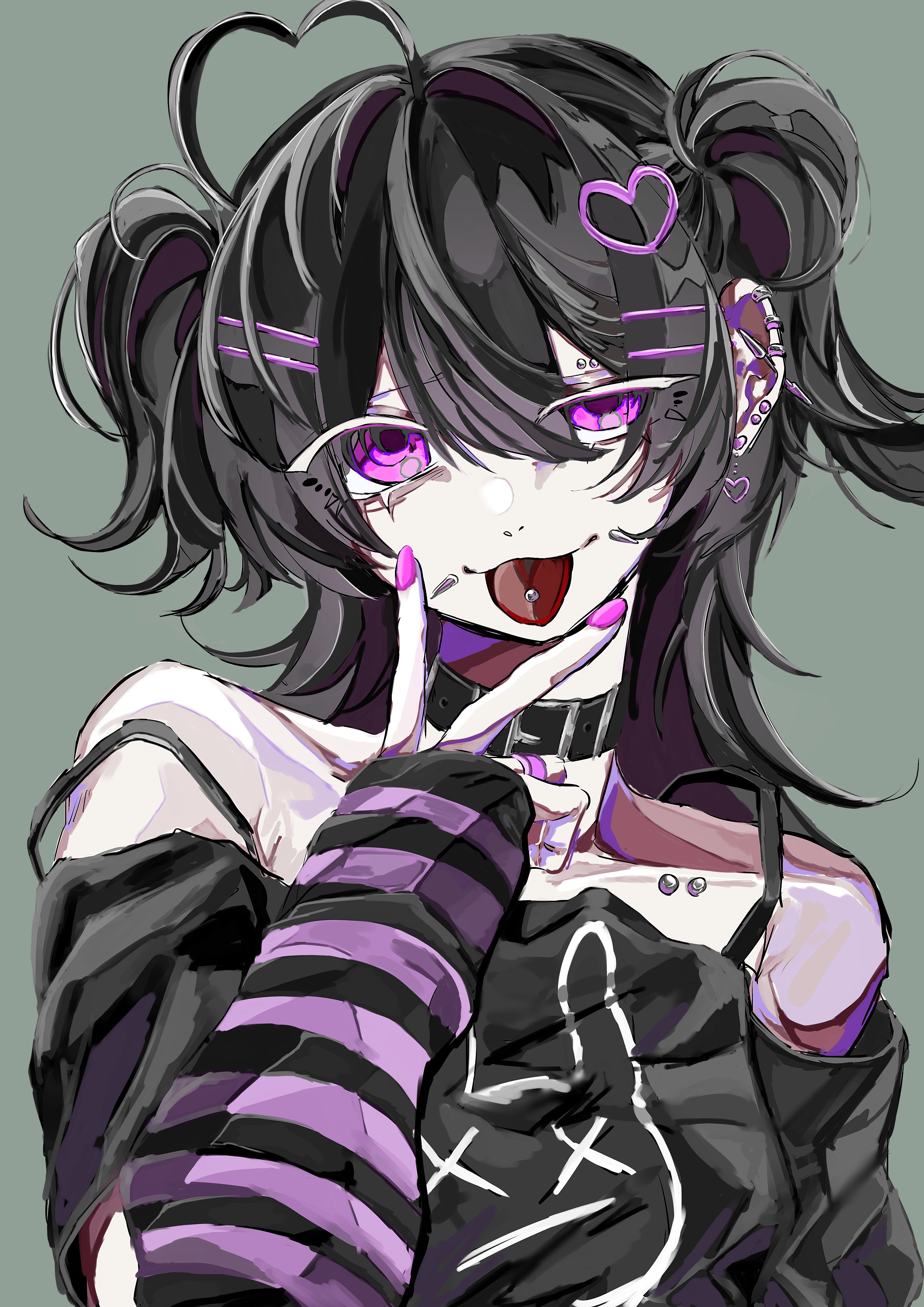 n neko mizu, original, absurdres, hashtag-only commentary, highres, 1girl, :p, ahoge, arm warmers, belt collar, black shirt, collar, ear piercing, face piercing, half-closed eye, head tilt, heart, heart ahoge, looking at viewer, mullet, off shoulder, piercing, pink hair, pink pupils, raised eyebrow, shirt, solo, tongue, tongue out, tongue piercing, two side up