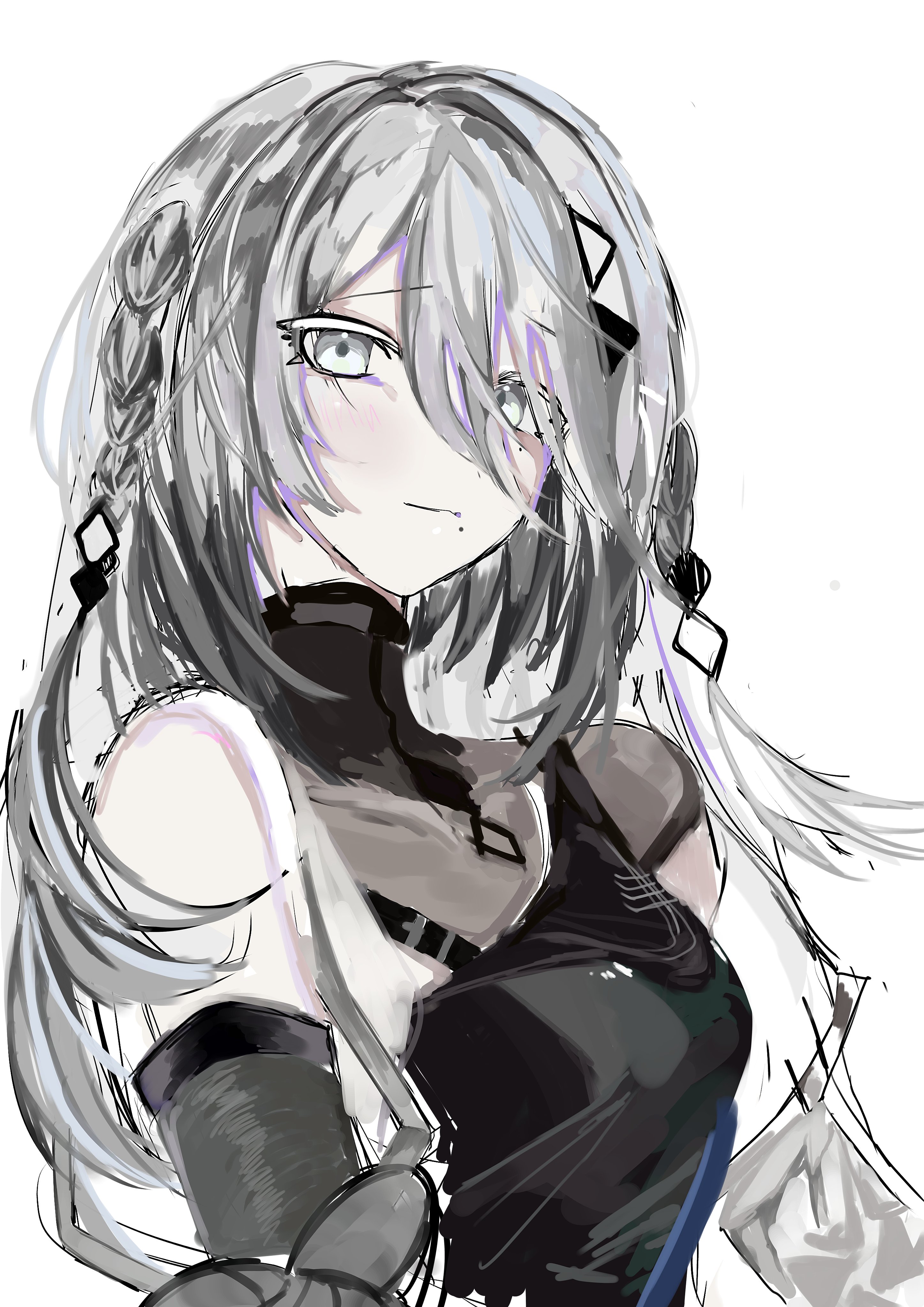 n neko mizu, sophia valentine, nijisanji, absurdres, commentary request, highres, 1girl, black arm warmers, black shirt, chest belt, expressionless, gloves, grey eyes, hand up, jacket, long hair, looking at viewer, shirt, solo, virtual youtuber, white gloves, white hair, white jacket