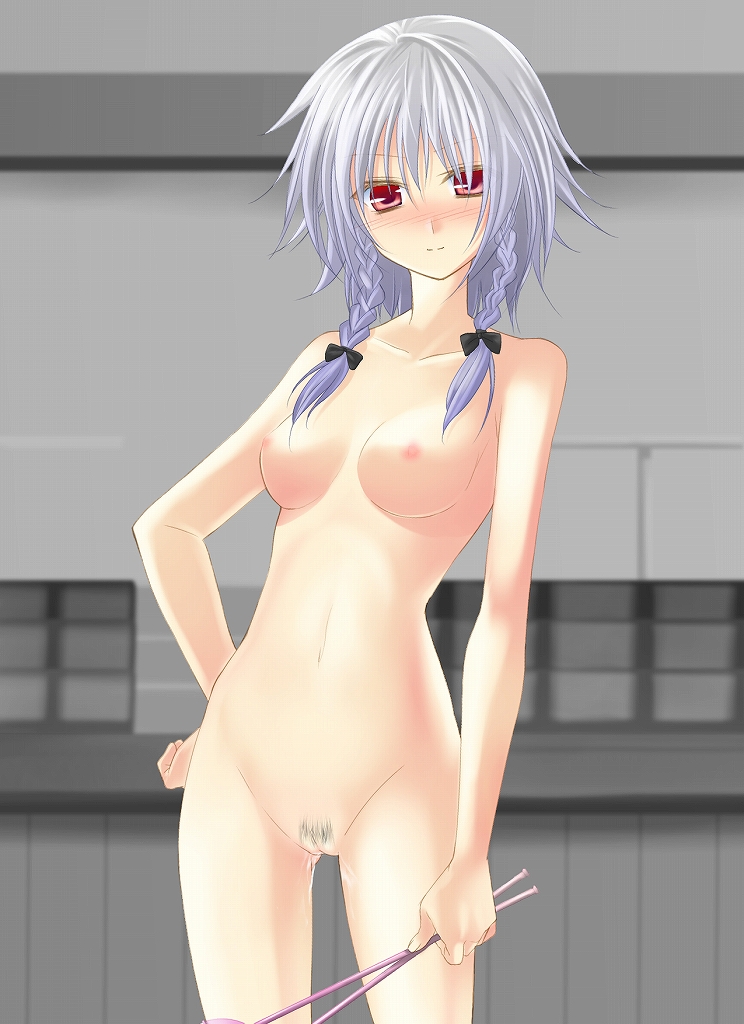 nigo (aozoragarou), izayoi sakuya, embodiment of scarlet devil, touhou, silver hair, 1girl, blush, braid, breasts, cowboy shot, female focus, female pubic hair, juggling club, nipples, nude, pubic hair, pussy, pussy juice, red eyes, ribbon, small breasts, solo, sparse pubic hair, twin braids, uncensored