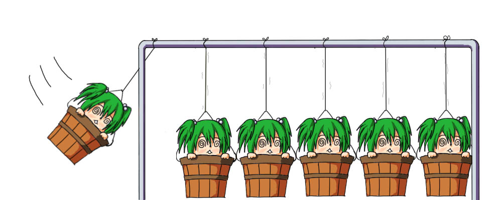 ro-reru, kisume, touhou, bad id, bad pixiv id, 6+girls, @ @, bucket, clone, female focus, green eyes, green hair, in bucket, in container, multiple girls, newton's cradle, science, short hair, twintails, two side up