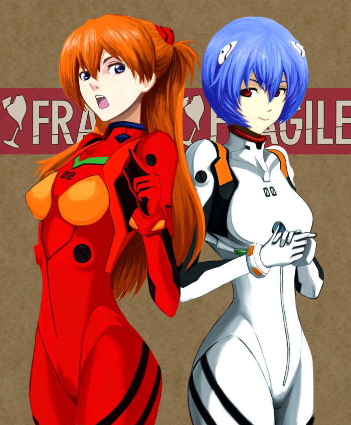 nasunasunasubi, ayanami rei, souryuu asuka langley, neon genesis evangelion, 2girls, blue eyes, long hair, mecha pilot suit, multiple girls, open mouth, orange hair, own hands clasped, own hands together, plugsuit (evangelion), pointing, red eyes, red hair, short hair, smile