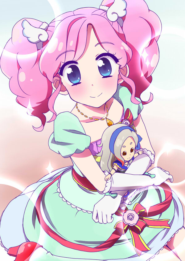 totoka, amahane madoka, kurosawa rin, aikatsu!, aikatsu! (series), commentary request, 1girl, blue eyes, blush, bow, character doll, closed mouth, collarbone, doll, dress, elbow gloves, frilled gloves, frills, glove bow, gloves, gold necklace, green bow, green dress, hair ornament, hair scrunchie, high heels, holding, holding stuffed toy, idol clothes, jewelry, lens flare, looking at viewer, medium hair, necklace, parted bangs, pink hair, puffy short sleeves, puffy sleeves, red ribbon, red shoes, ribbon, scrunchie, shoes, short sleeves, sitting, smile, solo, sparkle, stuffed animal, stuffed toy, twintails, white gloves, white scrunchie, wing hair ornament